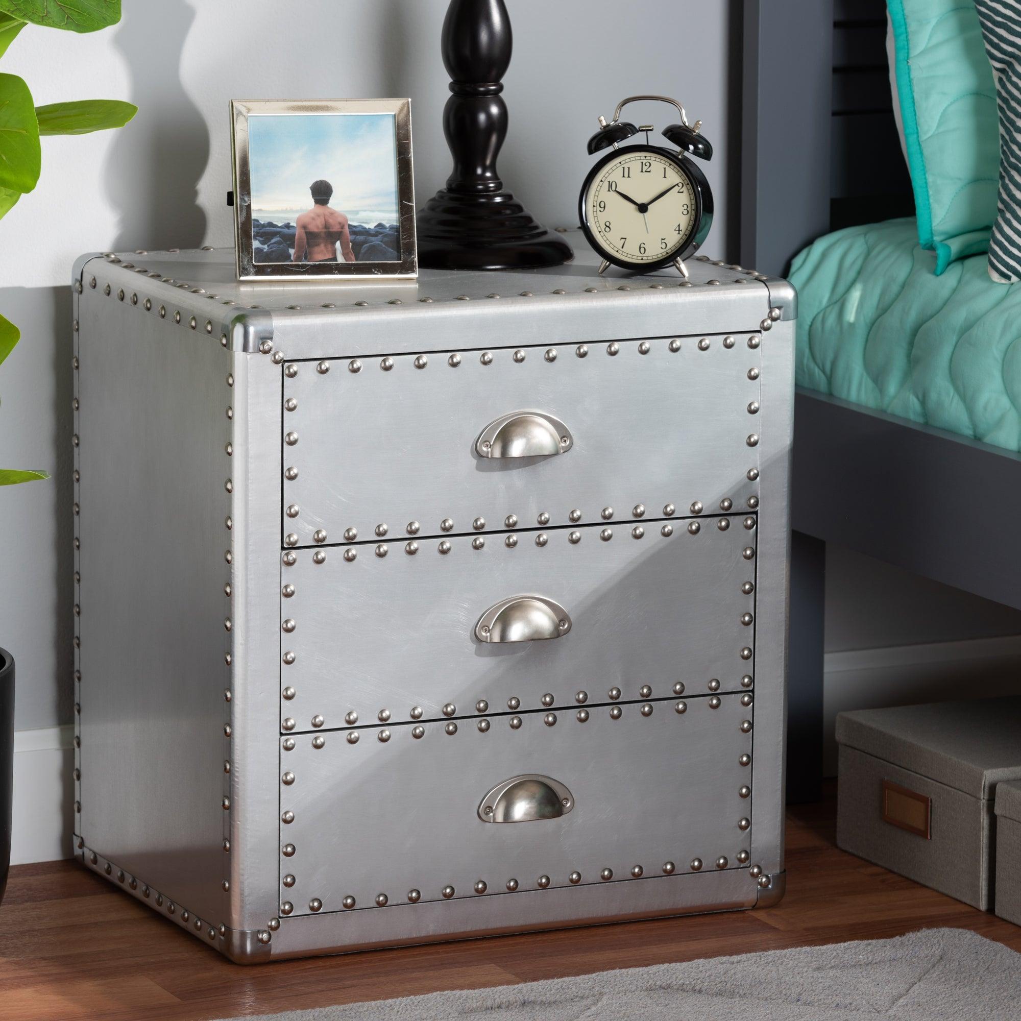 Armel French Industrial Metal 3-Drawer End Table