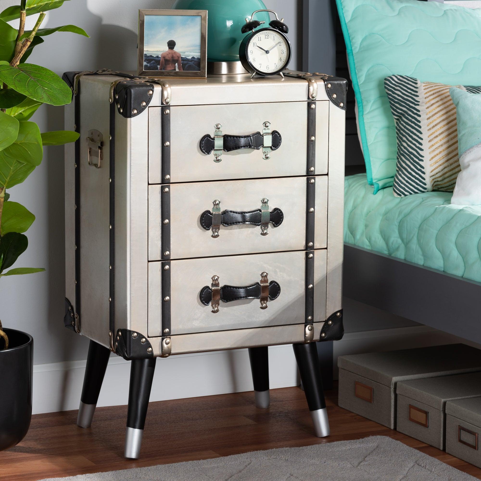 Dilan Vintage Industrial Antique Finished Metal Trunk Inspired 3-Drawer End Table