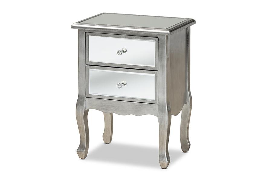 Leonie Modern Transitional French Brushed Finished Wood and Mirrored Glass 2-Drawer End Table