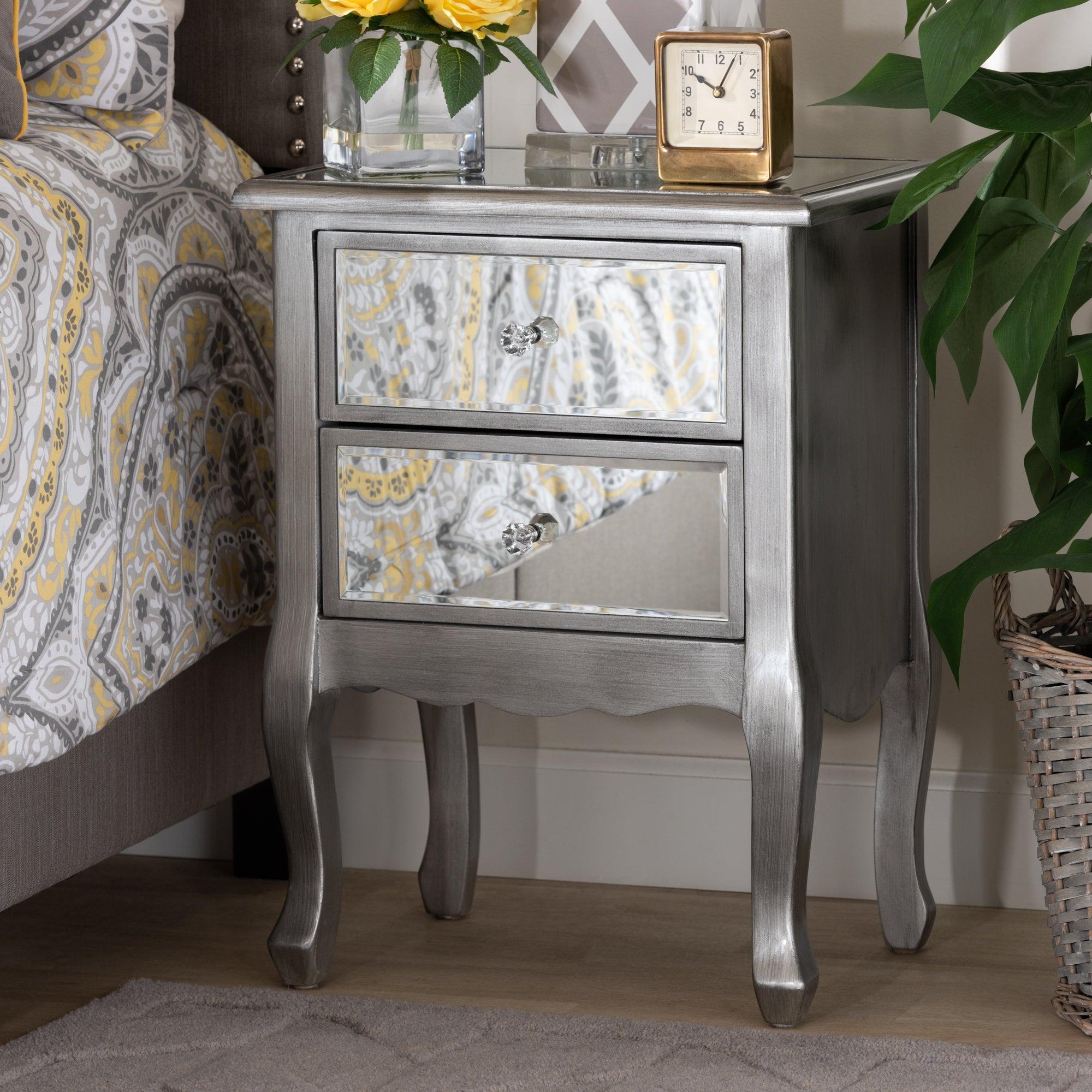 Leonie Modern Transitional French Brushed Finished Wood and Mirrored Glass 2-Drawer End Table