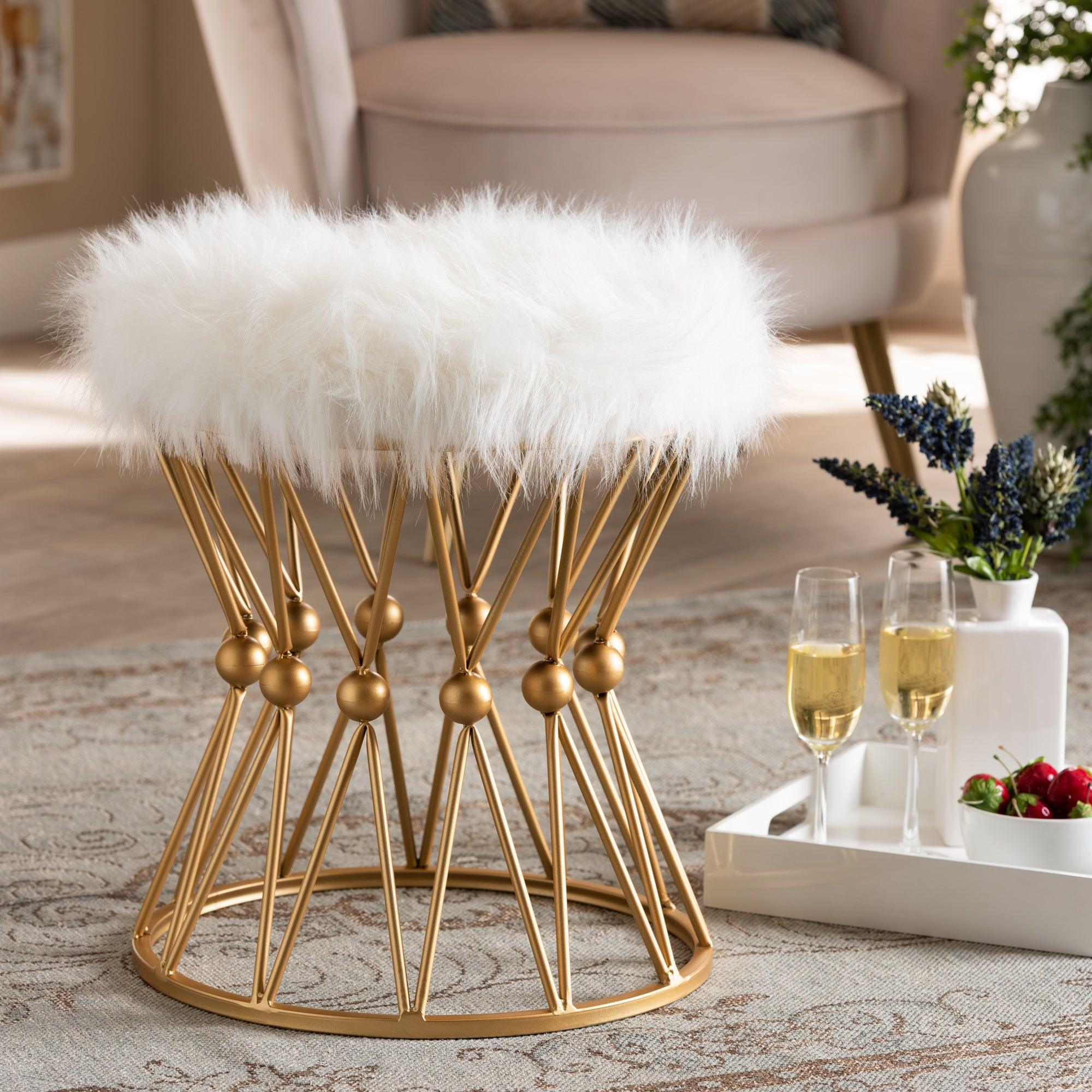 Leonie Glam and Luxe Faux Fur Upholstered Finished Metal Ottoman