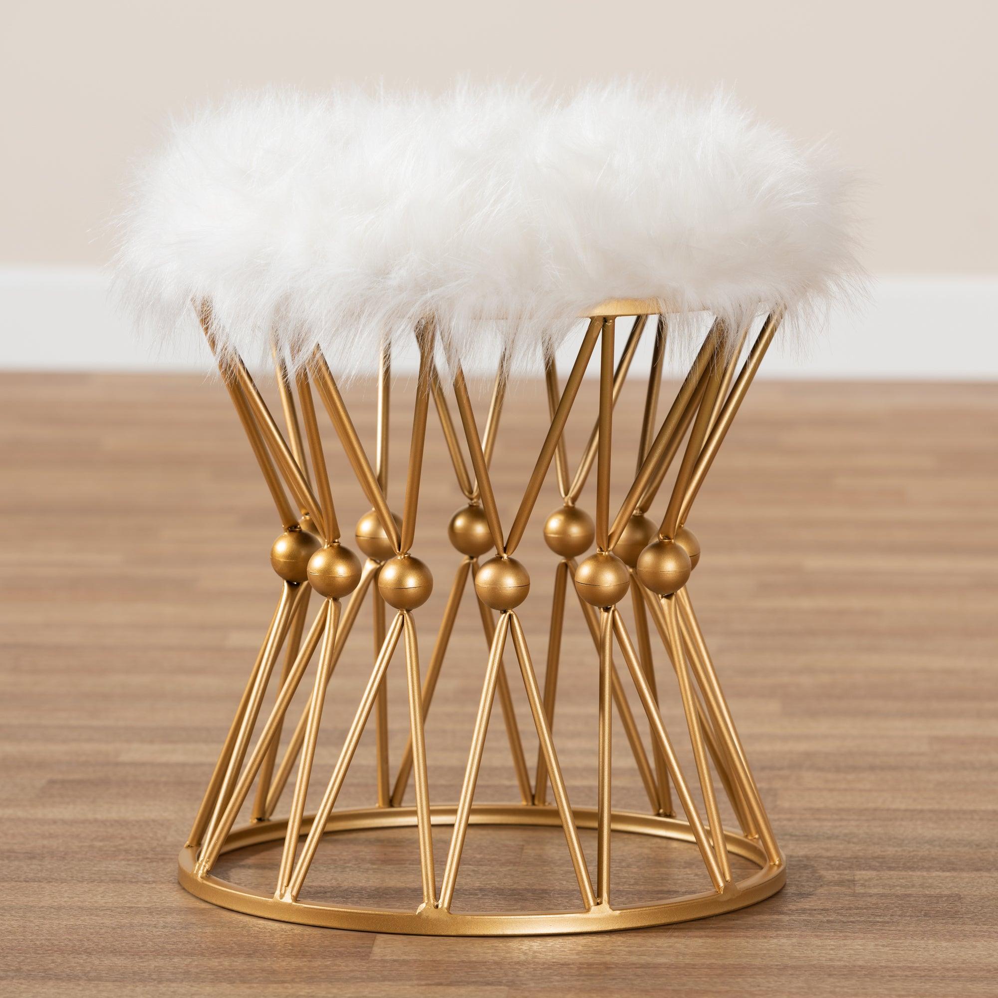 Leonie Glam and Luxe Faux Fur Upholstered Finished Metal Ottoman