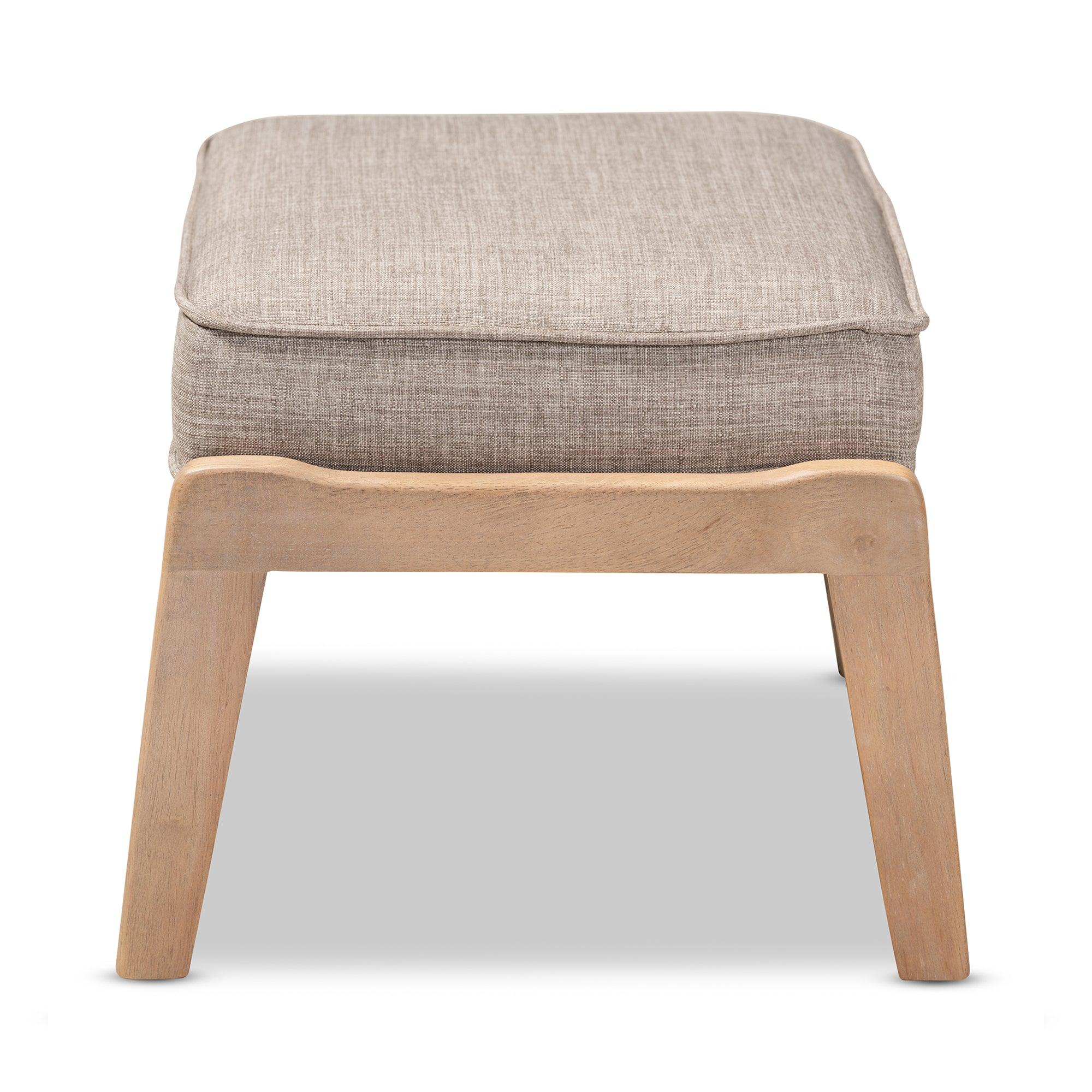 Sigrid Mid-Century Modern Light Fabric Upholstered Antique Finished Wood Ottoman