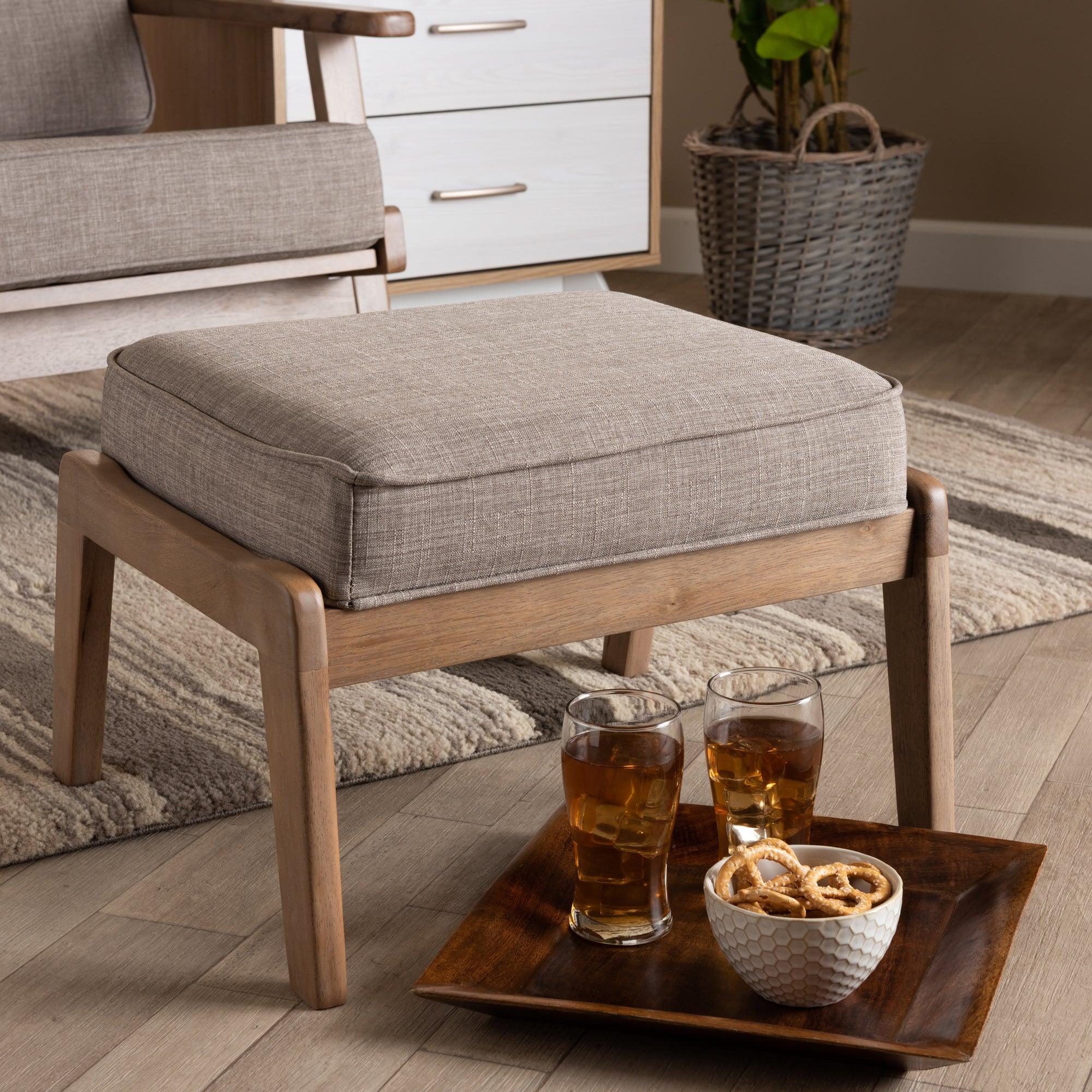 Sigrid Mid-Century Modern Light Fabric Upholstered Antique Finished Wood Ottoman