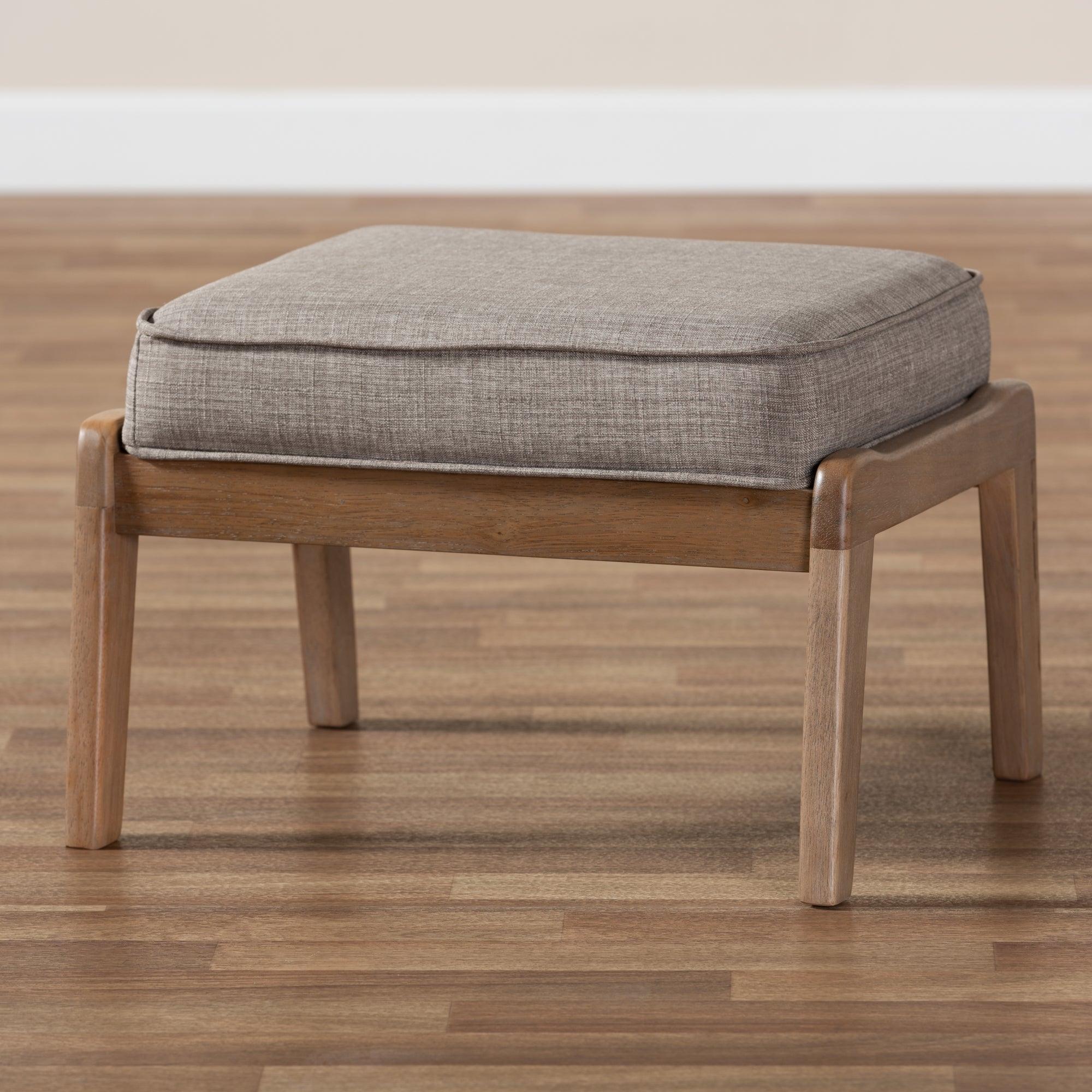 Sigrid Mid-Century Modern Light Fabric Upholstered Antique Finished Wood Ottoman