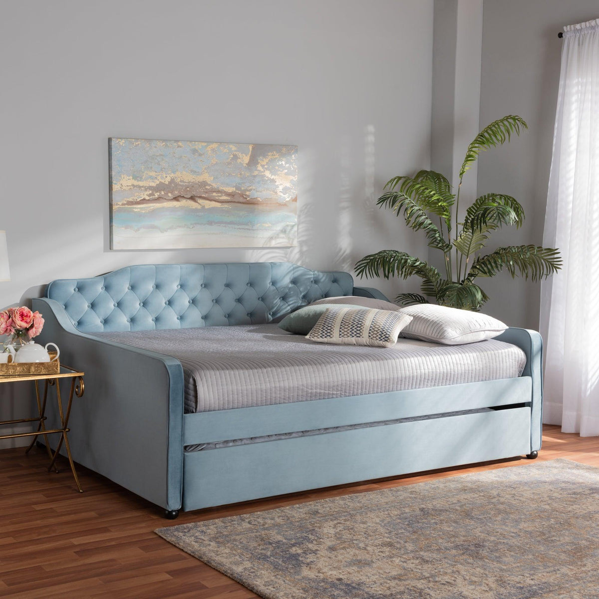 Freda Transitional and Contemporary Velvet Fabric Upholstered and Button Tufted Daybed