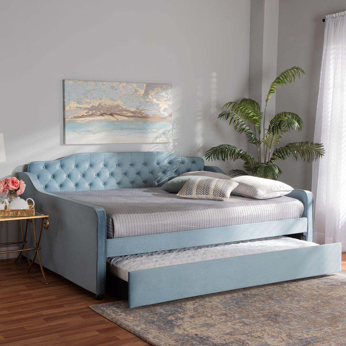Freda Transitional and Contemporary Velvet Fabric Upholstered and Button Tufted Daybed