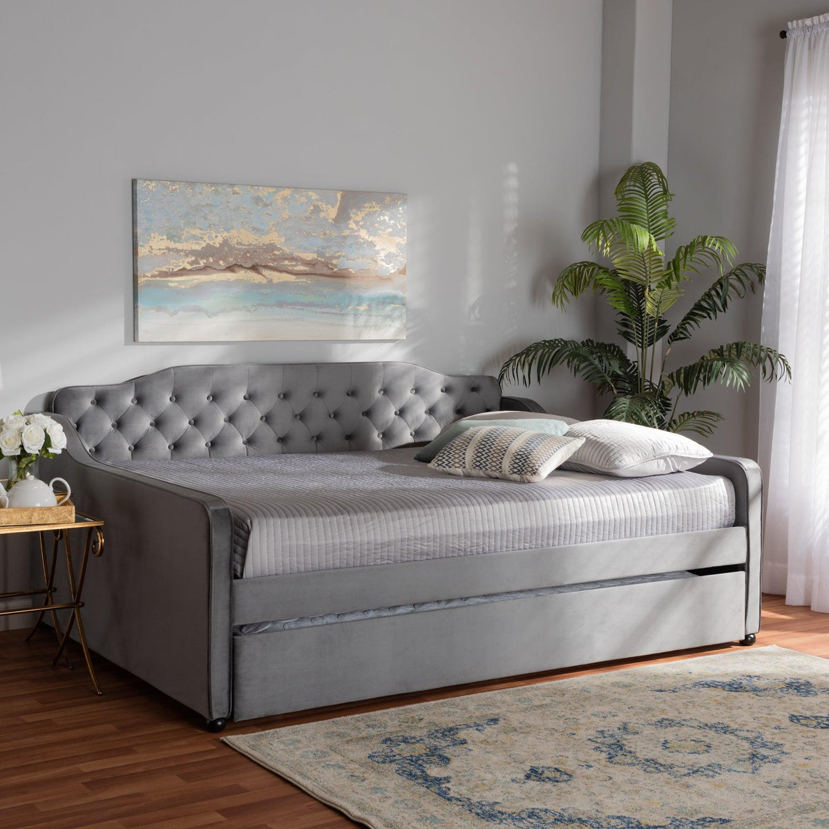 Freda Transitional and Contemporary Velvet Fabric Upholstered and Button Tufted Daybed