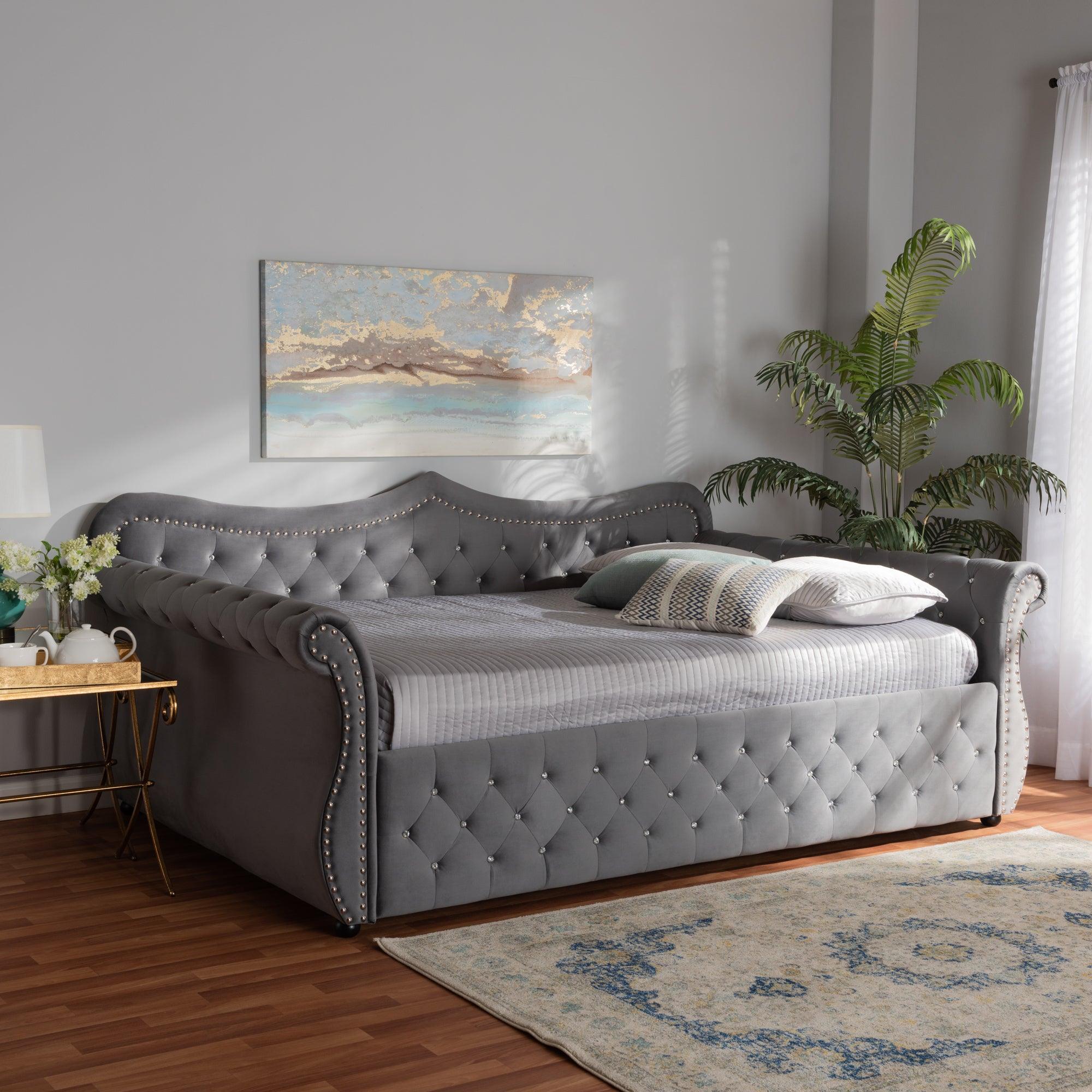 Abbie Traditional and Transitional Velvet Fabric Upholstered and Crystal Tufted Daybed