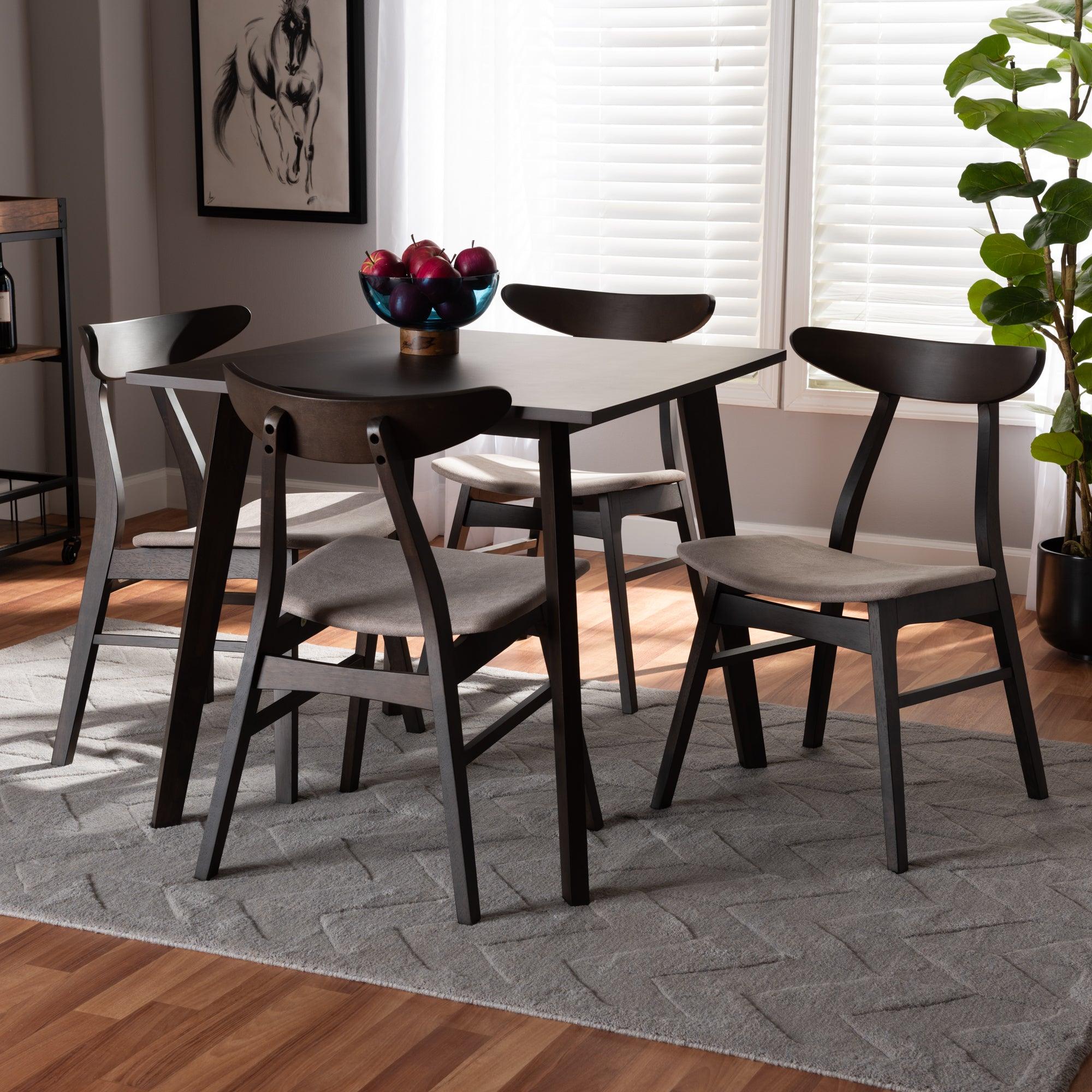 Britte Mid-Century Modern Fabric Upholstered Dark Finished 5-Piece Wood Dining Set