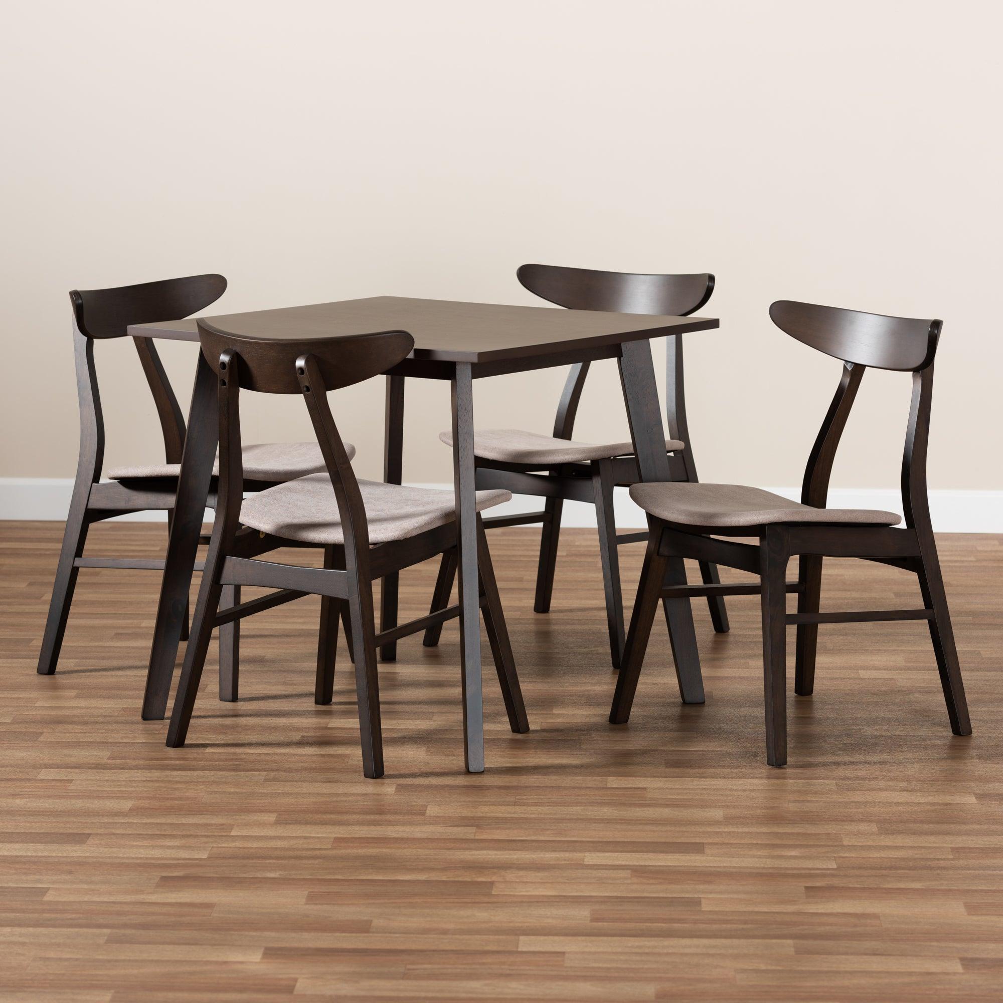 Britte Mid-Century Modern Fabric Upholstered Dark Finished 5-Piece Wood Dining Set