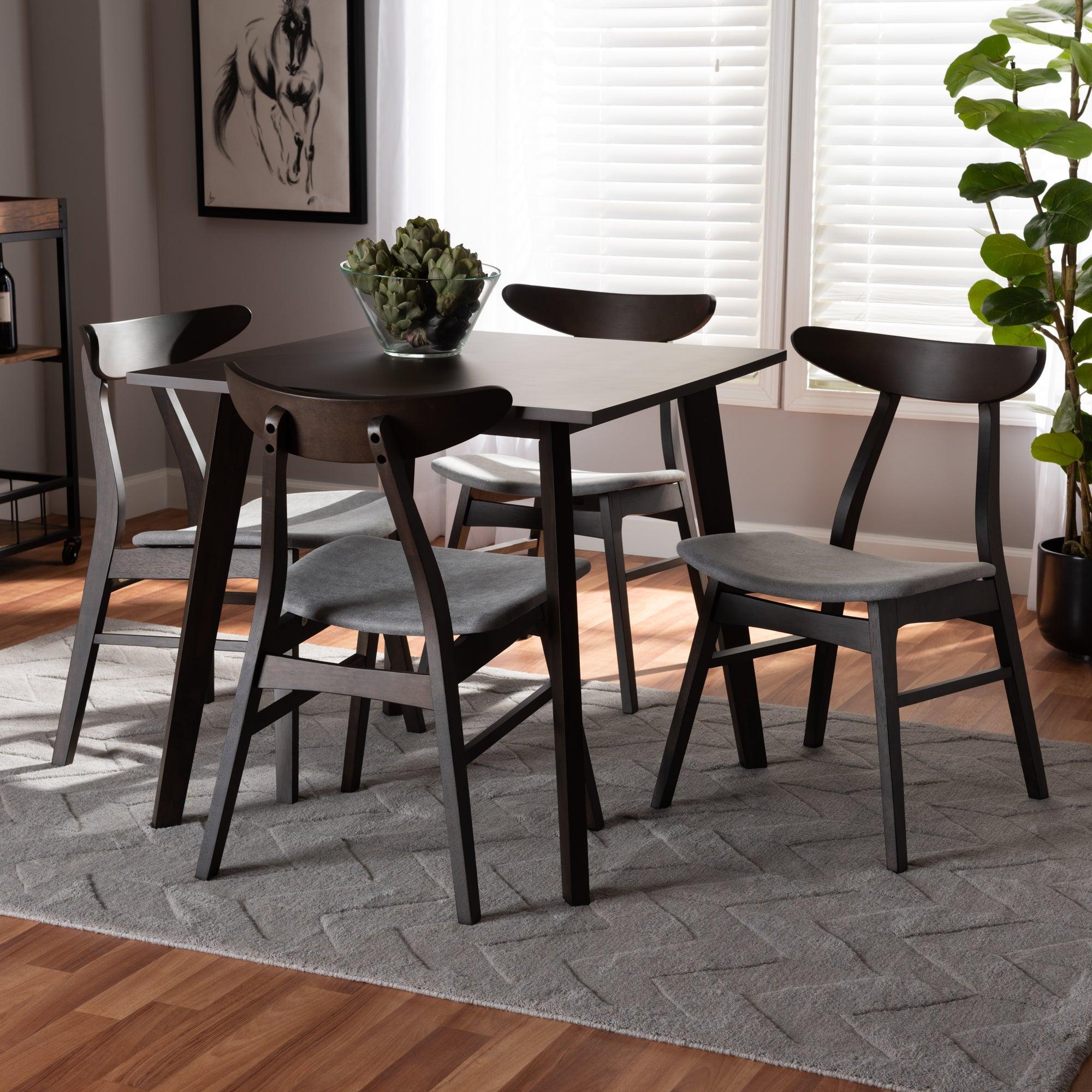 Britte Mid-Century Modern Light Fabric Upholstered Dark Finished 5-Piece Wood Dining Set
