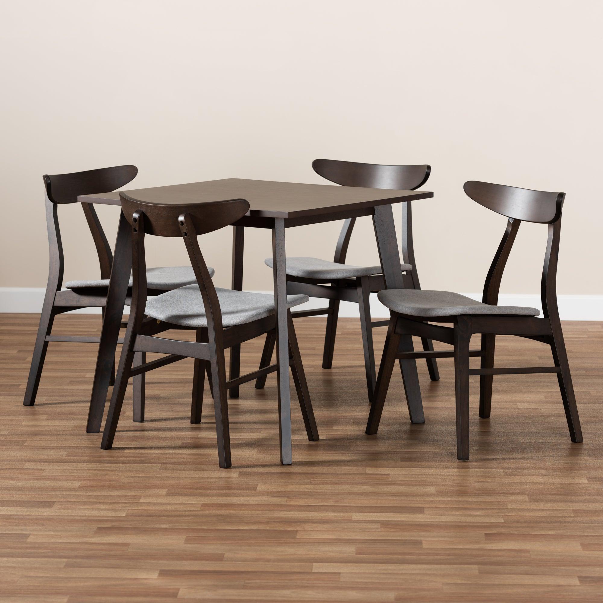 Britte Mid-Century Modern Light Fabric Upholstered Dark Finished 5-Piece Wood Dining Set