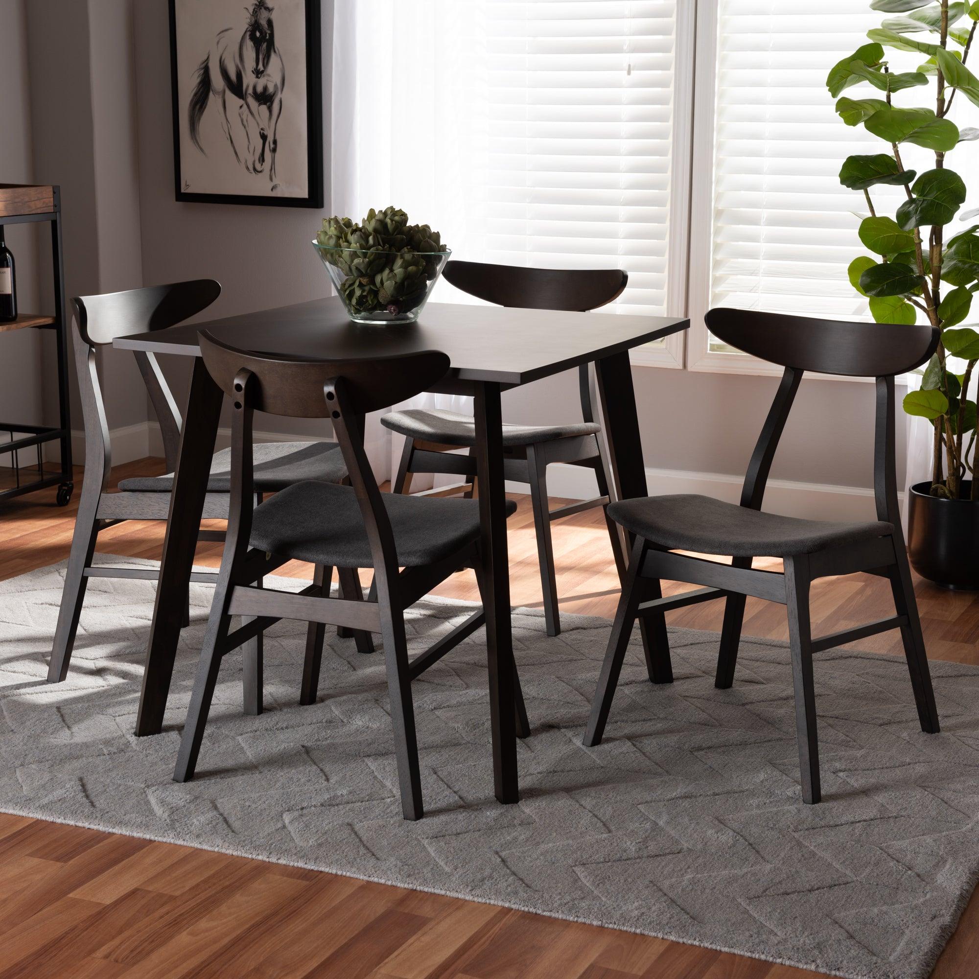 Britte Mid-Century Modern Dark Fabric Upholstered Dark Finished 5-Piece Wood Dining Set
