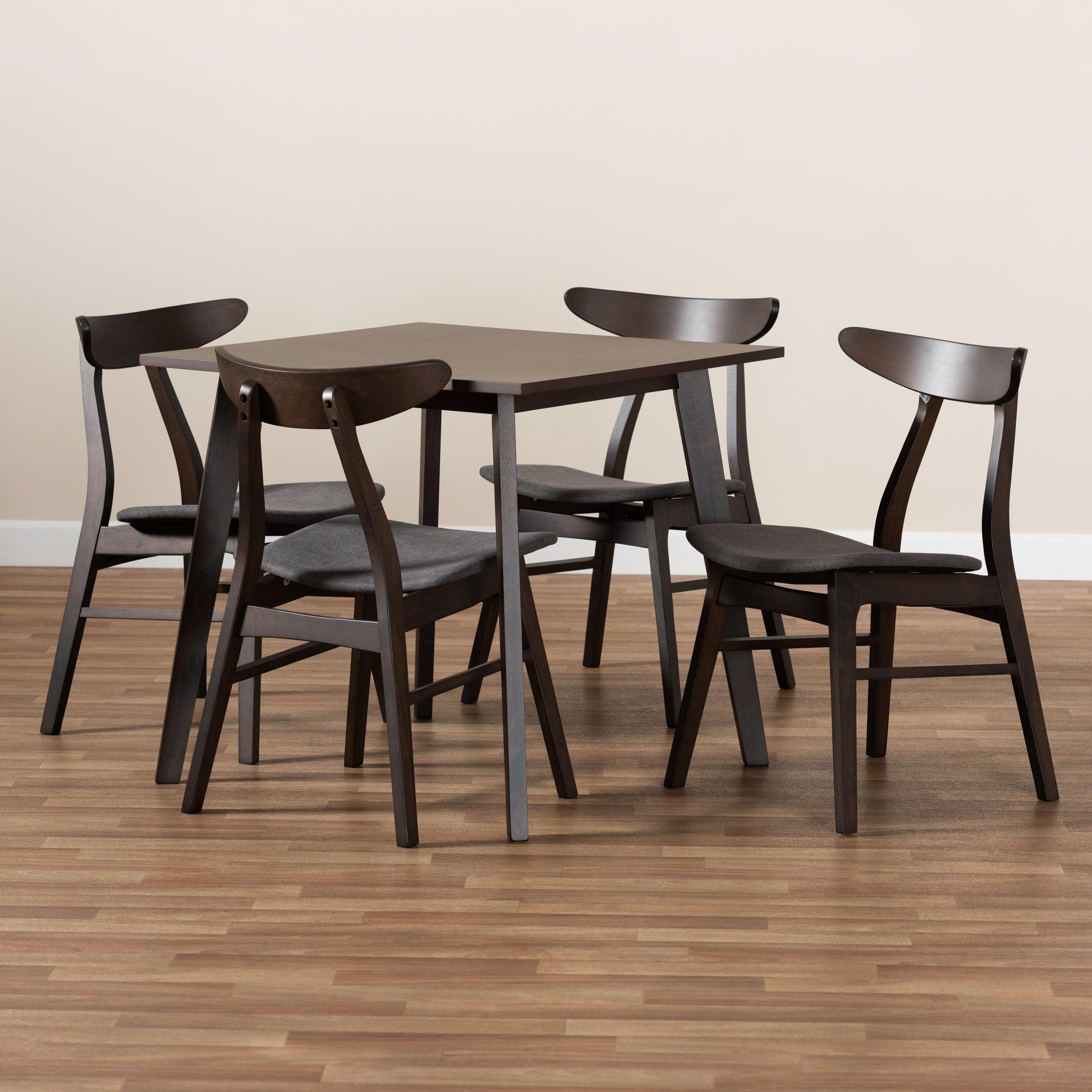 Britte Mid-Century Modern Dark Fabric Upholstered Dark Finished 5-Piece Wood Dining Set