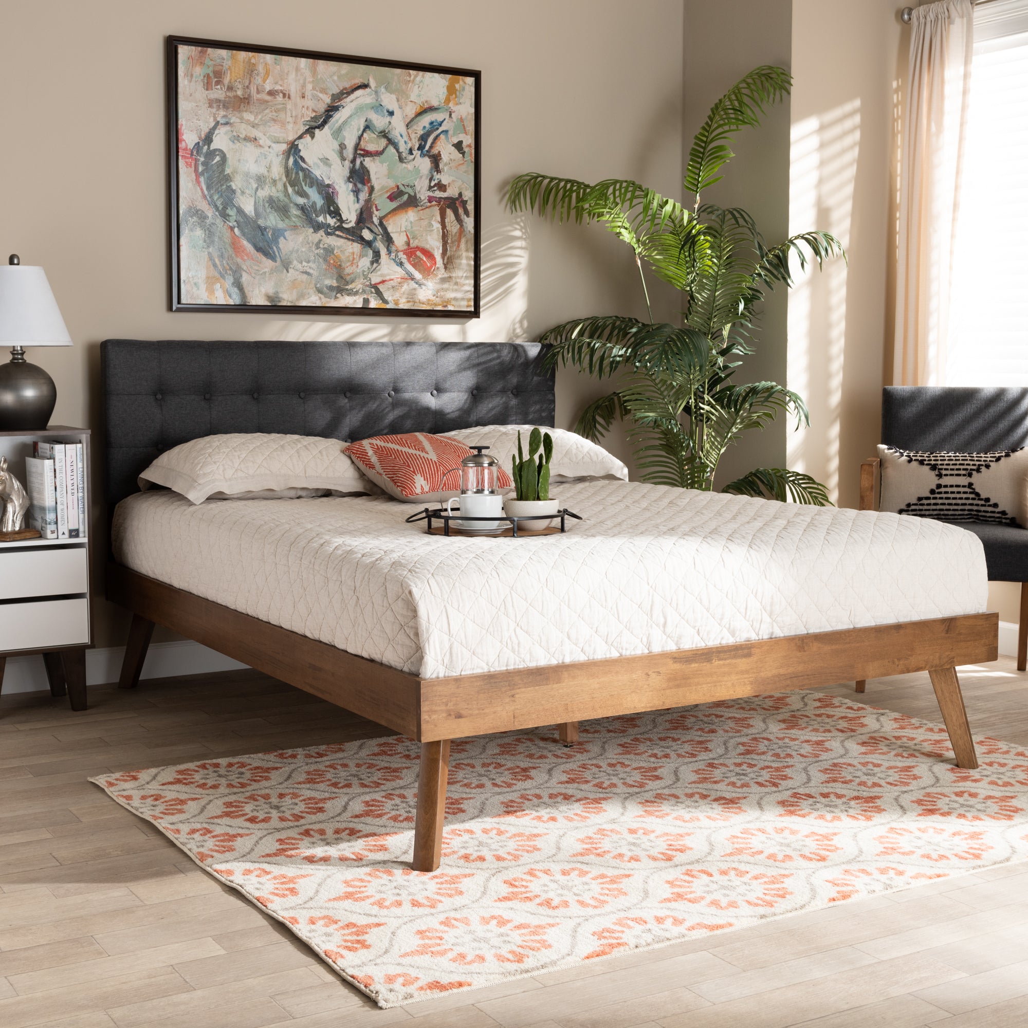Devan Mid-Century Modern Fabric Upholstered Finished Wood Platform Bed