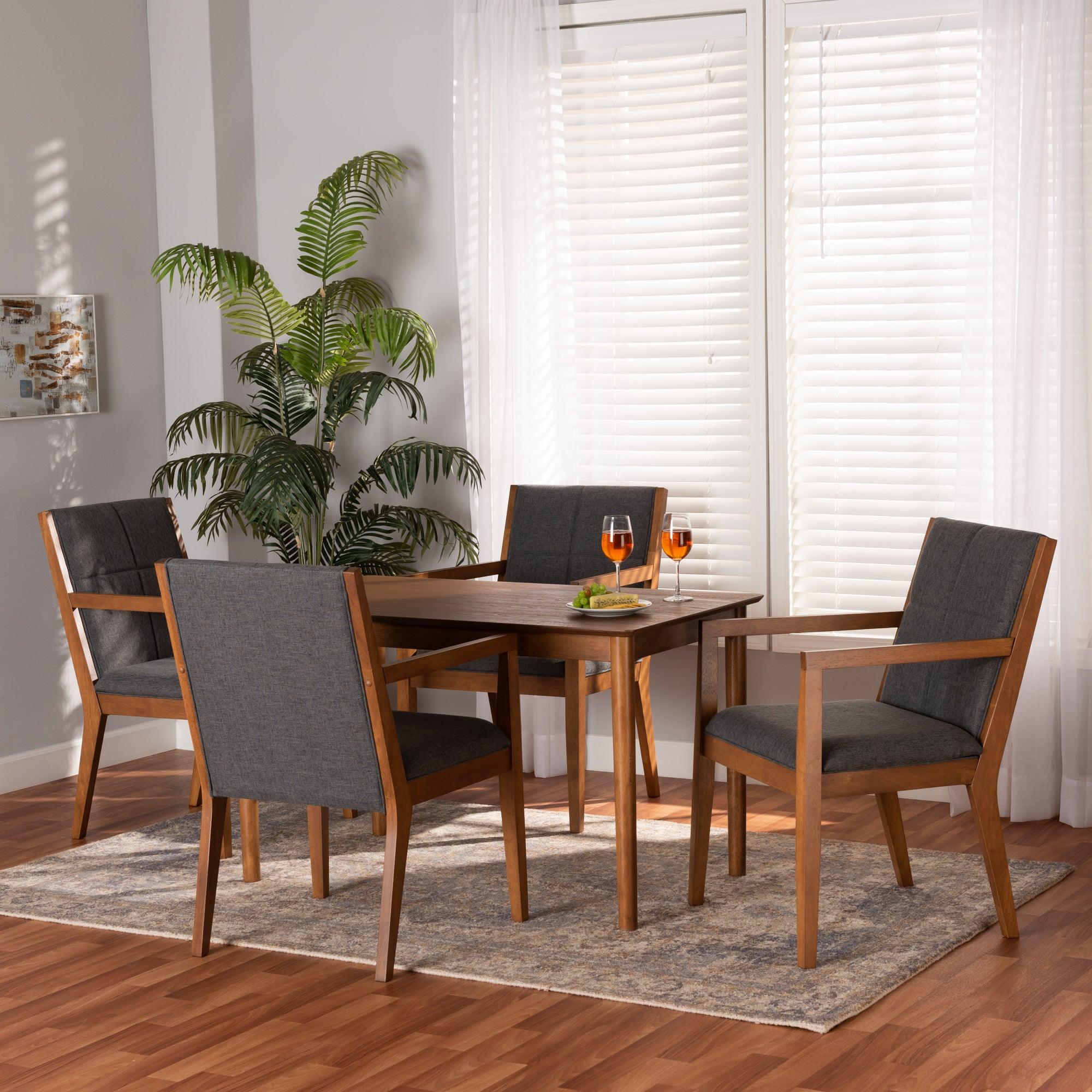 Theresa Mid-Century Modern Dark Fabric Upholstered and Finished Wood 5-Piece Dining Set
