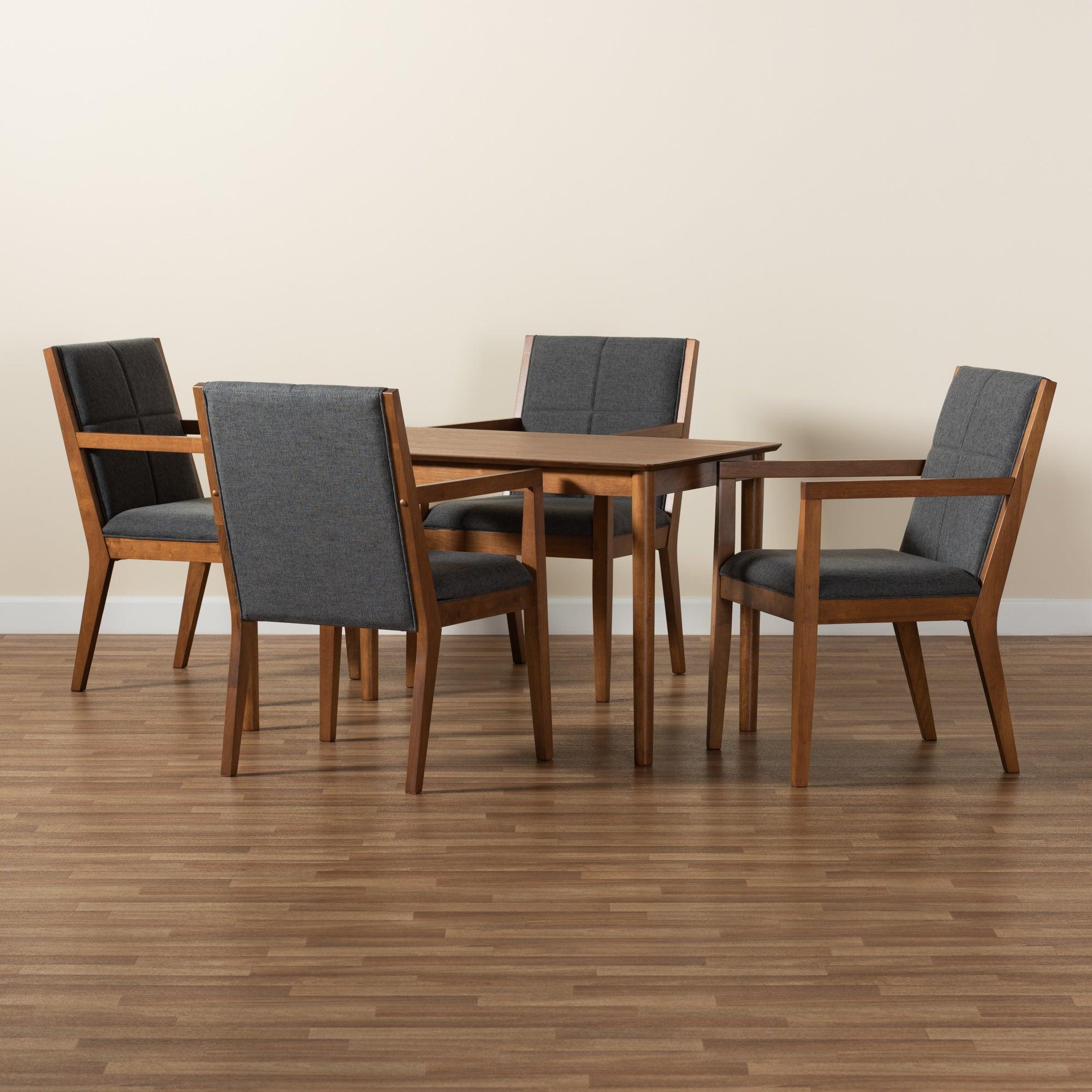 Theresa Mid-Century Modern Dark Fabric Upholstered and Finished Wood 5-Piece Dining Set