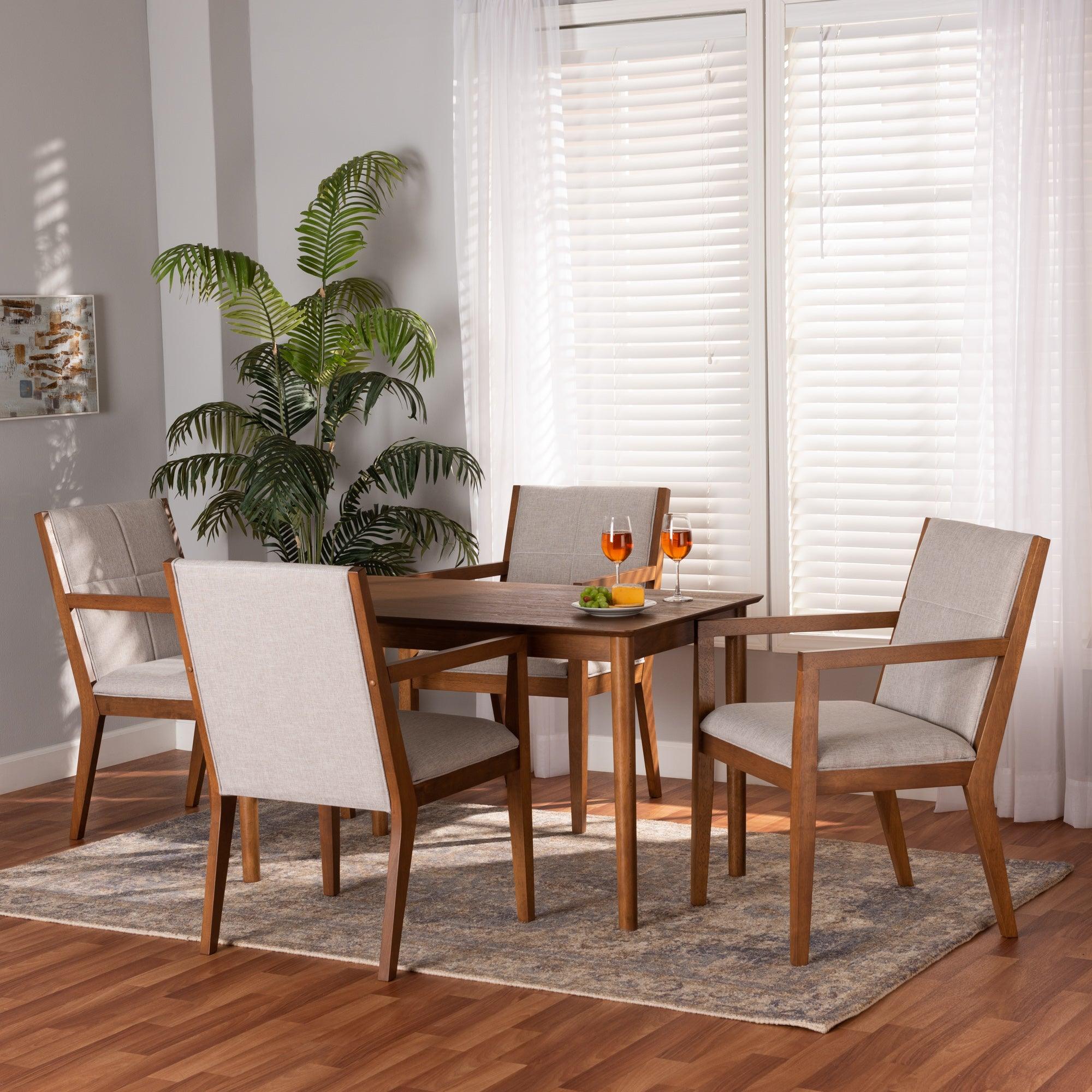 Theresa Mid-Century Modern ish Fabric Upholstered and Finished Wood 5-Piece Dining Set