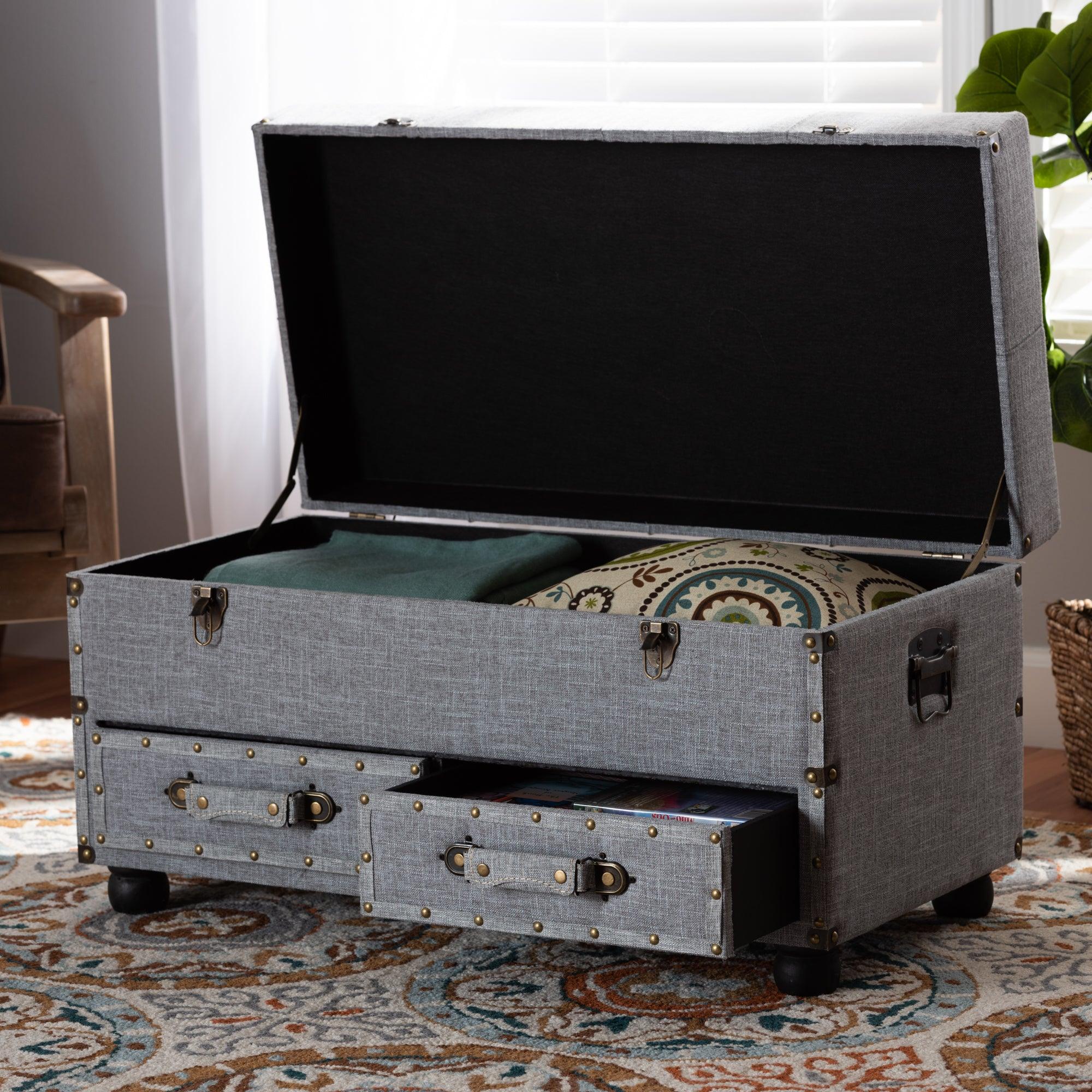 Flynn Modern Transitional Fabric Upholstered 2-Drawer Storage Trunk Ottoman