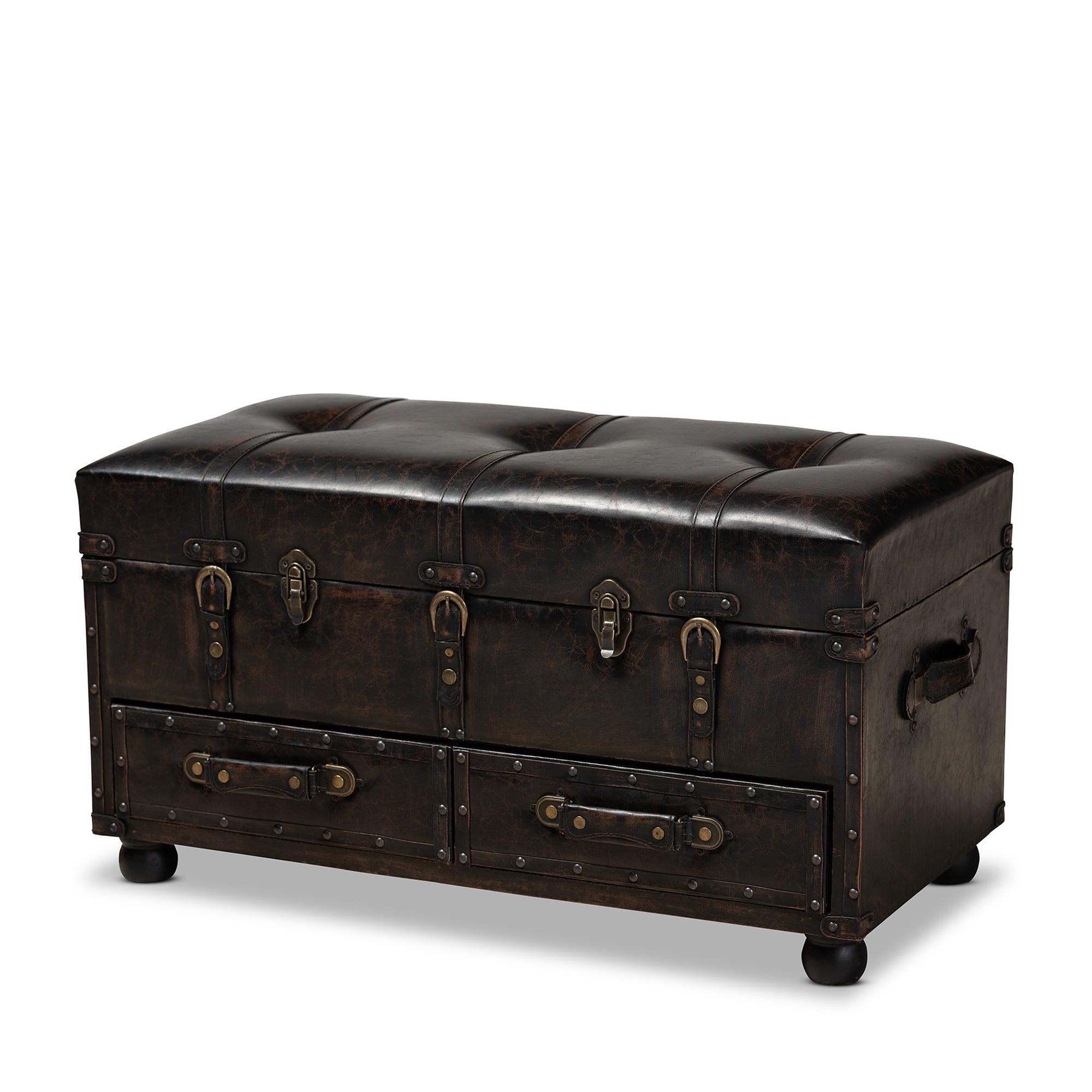 Callum Modern Transitional Distressed Faux Leather Upholstered 2-Drawer Storage Trunk