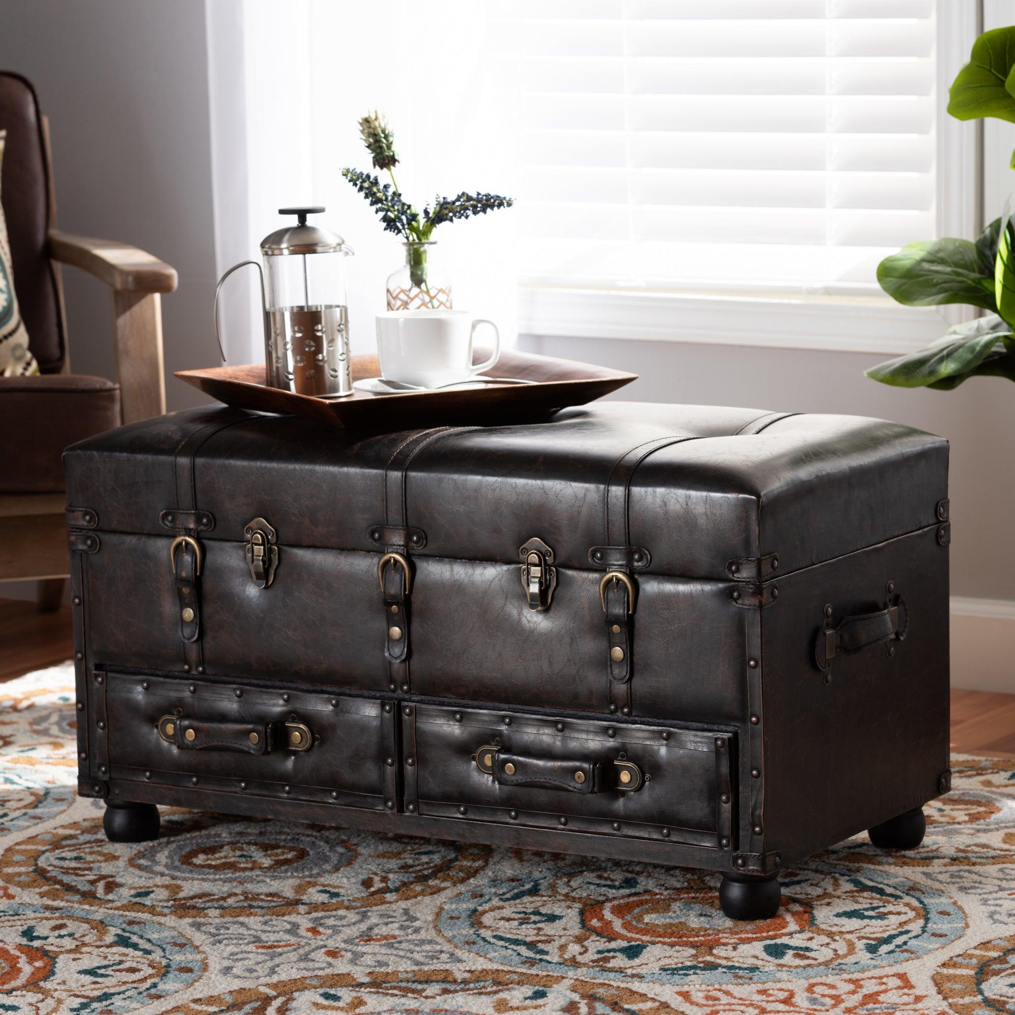 Callum Modern Transitional Distressed Faux Leather Upholstered 2-Drawer Storage Trunk