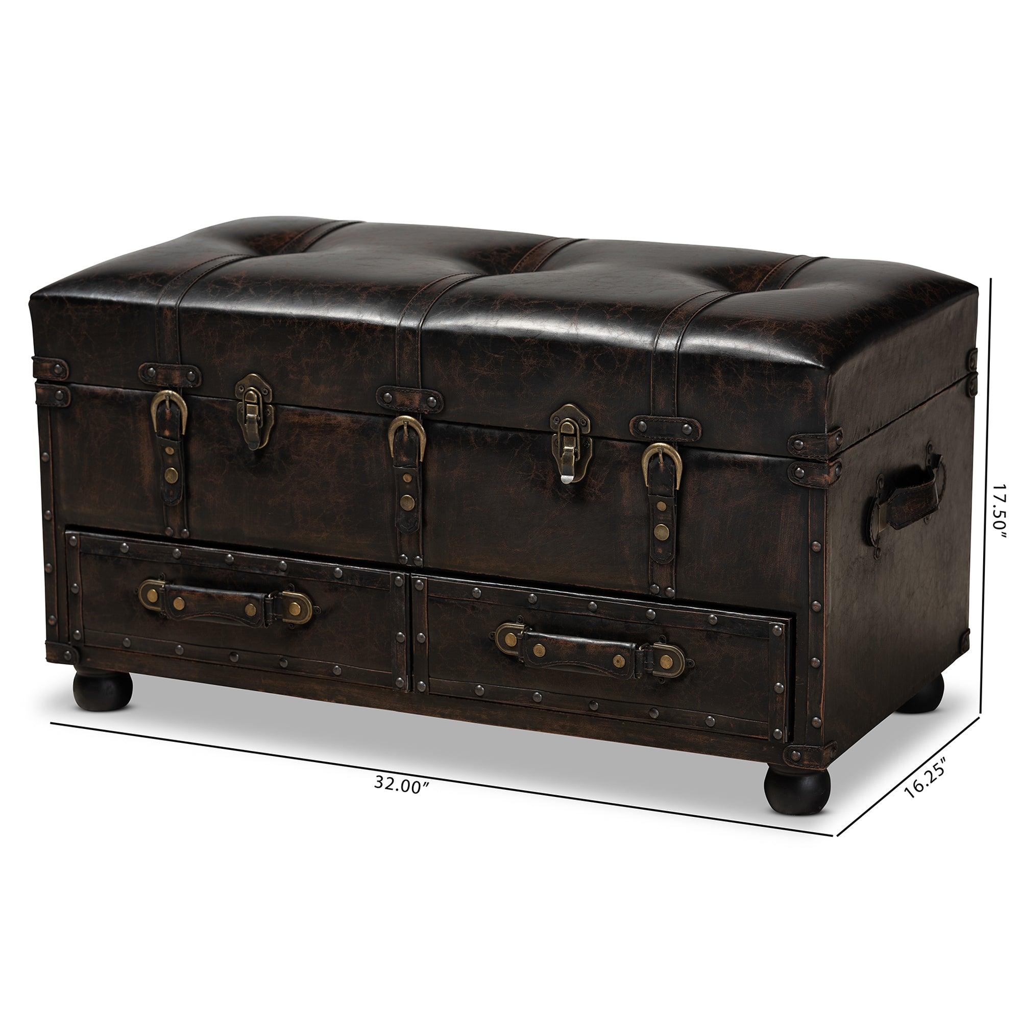 Callum Modern Transitional Distressed Faux Leather Upholstered 2-Drawer Storage Trunk