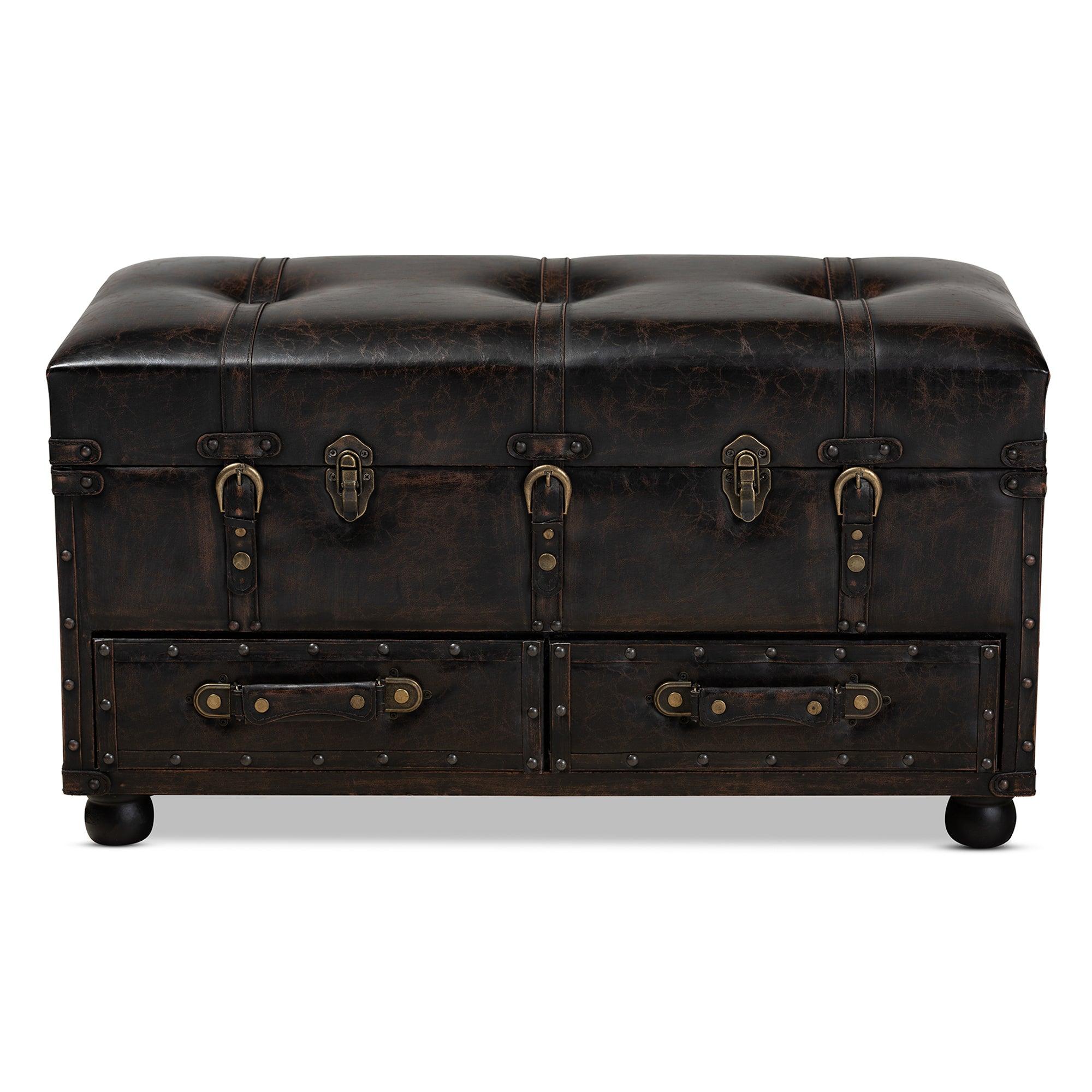 Callum Modern Transitional Distressed Faux Leather Upholstered 2-Drawer Storage Trunk