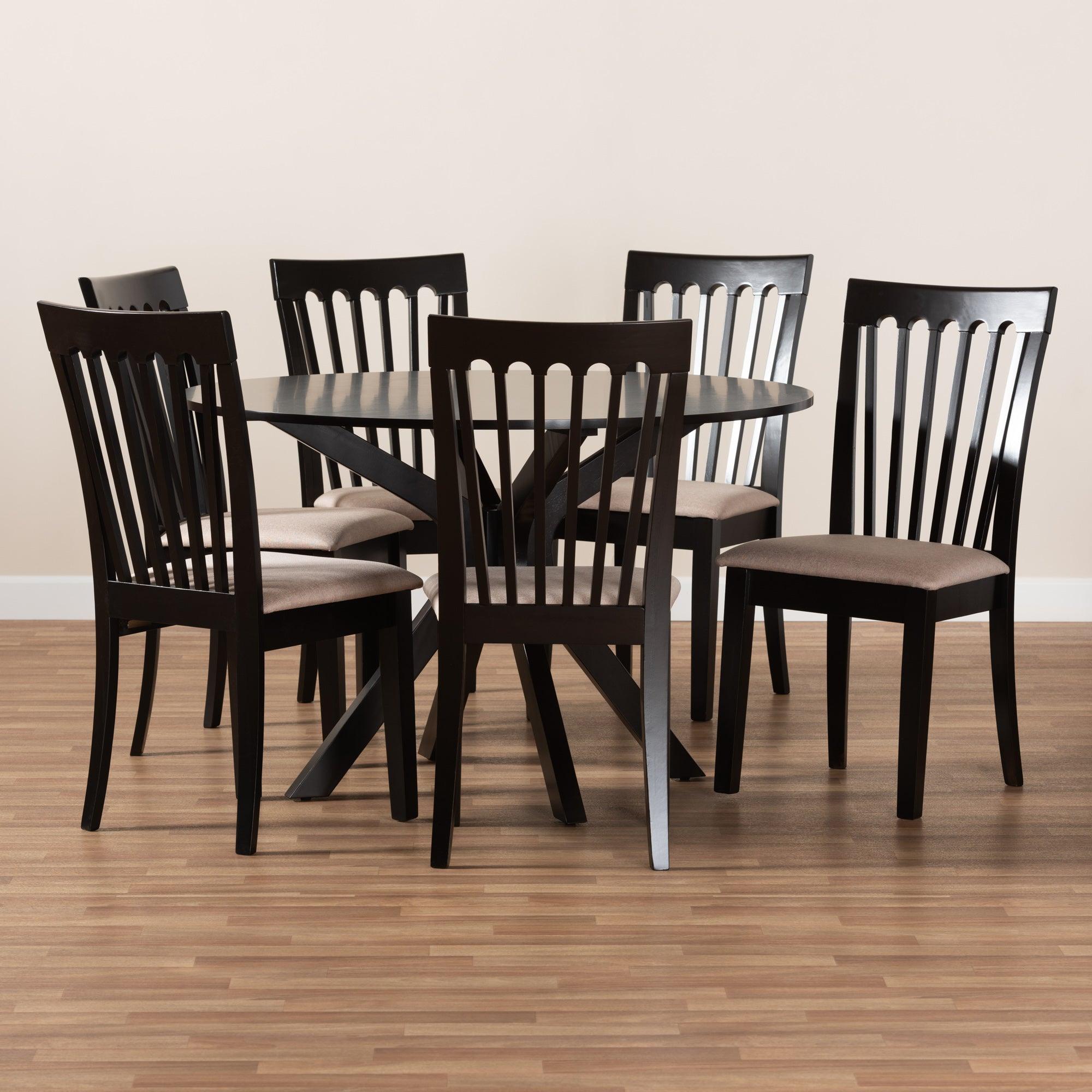 Lore Modern and Contemporary Sand Fabric Upholstered and Finished Wood 7-Piece Dining Set