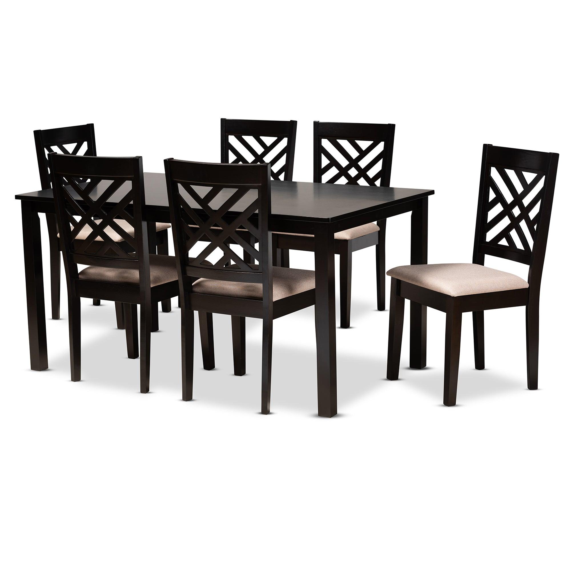 Caron Modern and Contemporary Sand Fabric Upholstered Espresso Finished Wood 7-Piece Dining Set