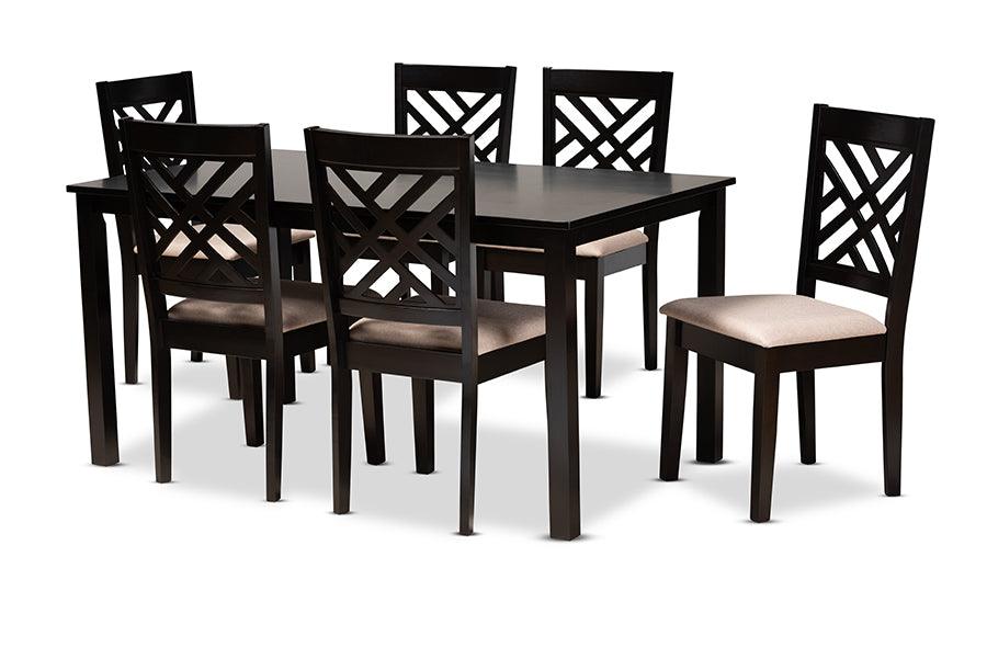 Caron Modern and Contemporary Sand Fabric Upholstered Espresso Finished Wood 7-Piece Dining Set