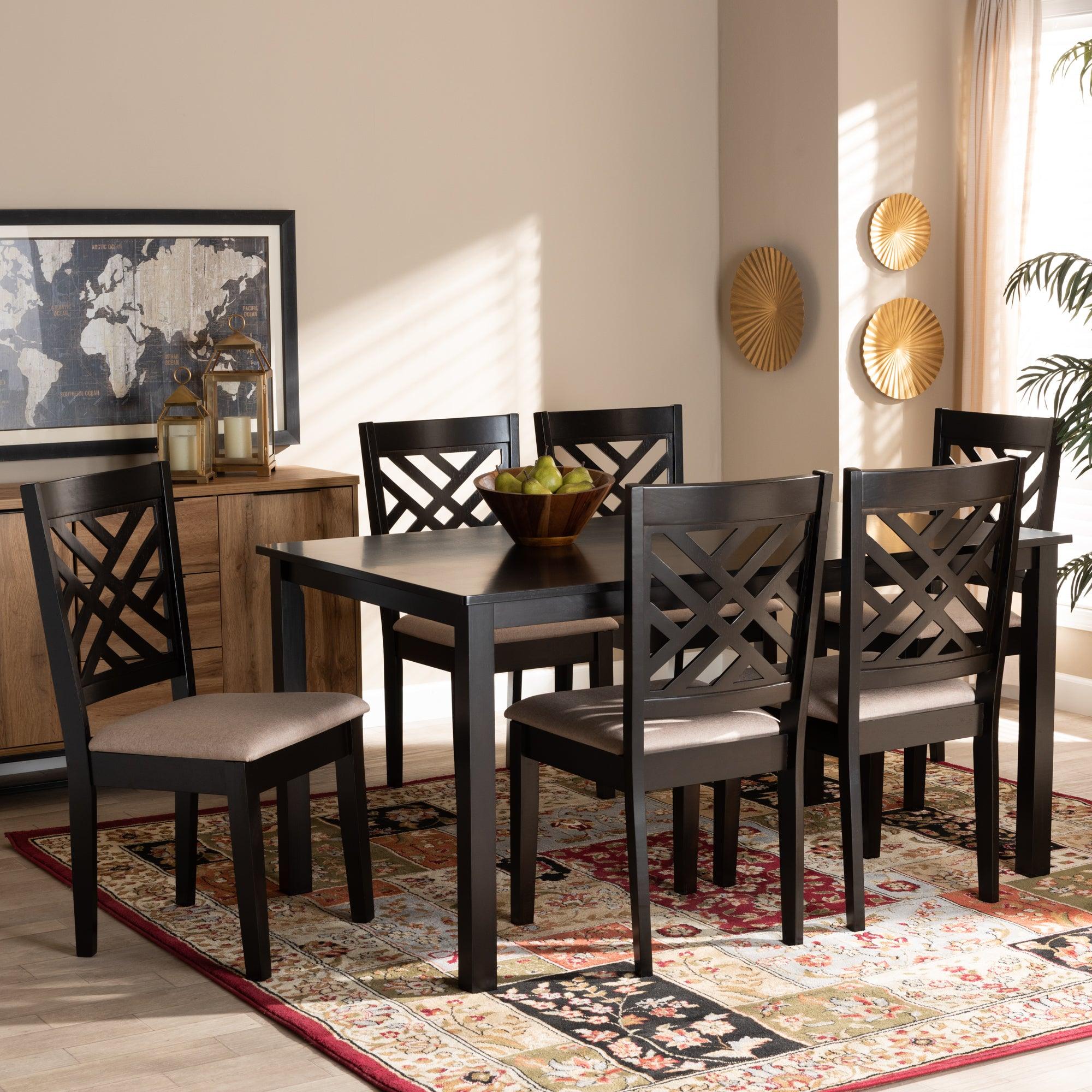 Caron Modern and Contemporary Sand Fabric Upholstered Espresso Finished Wood 7-Piece Dining Set