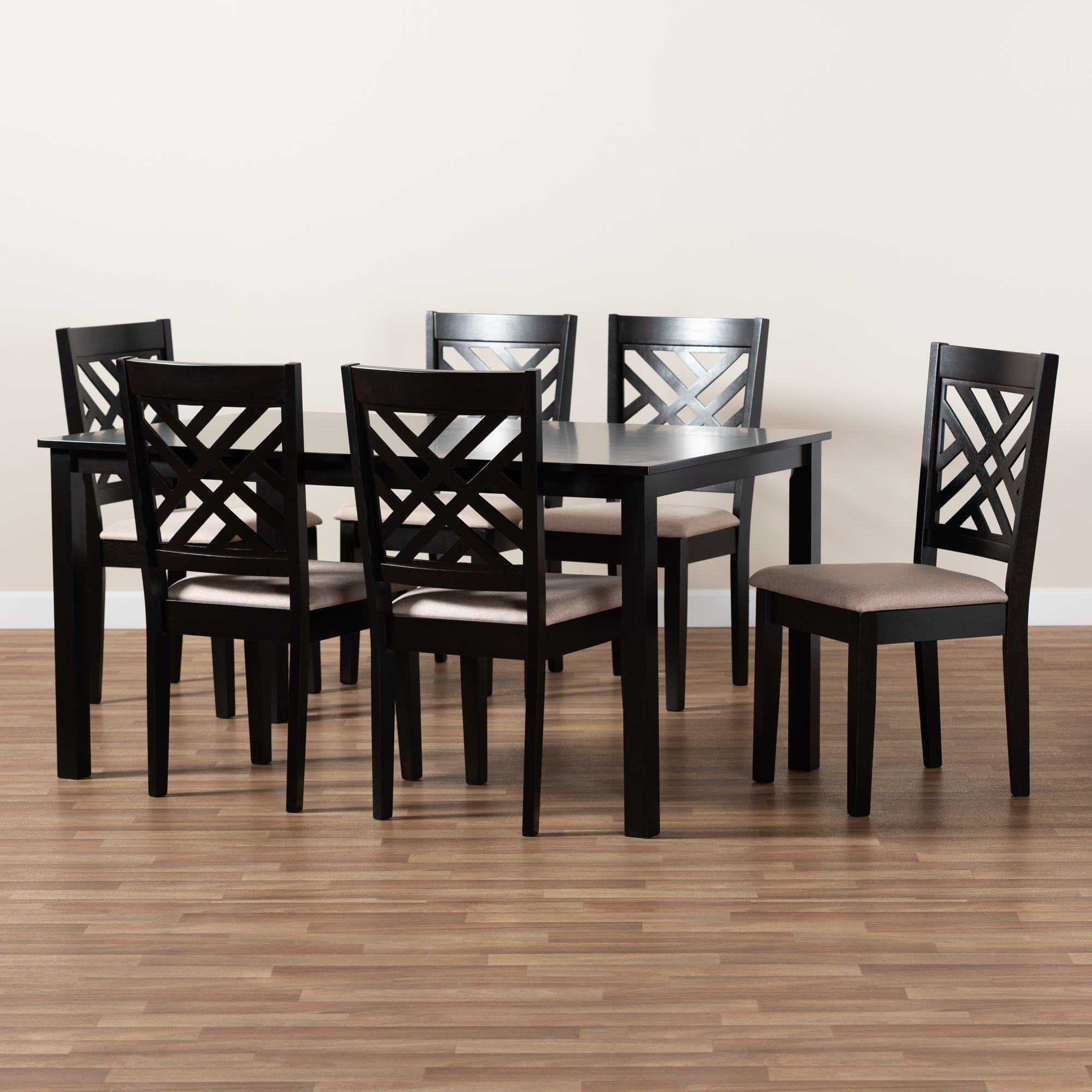 Caron Modern and Contemporary Sand Fabric Upholstered Espresso Finished Wood 7-Piece Dining Set