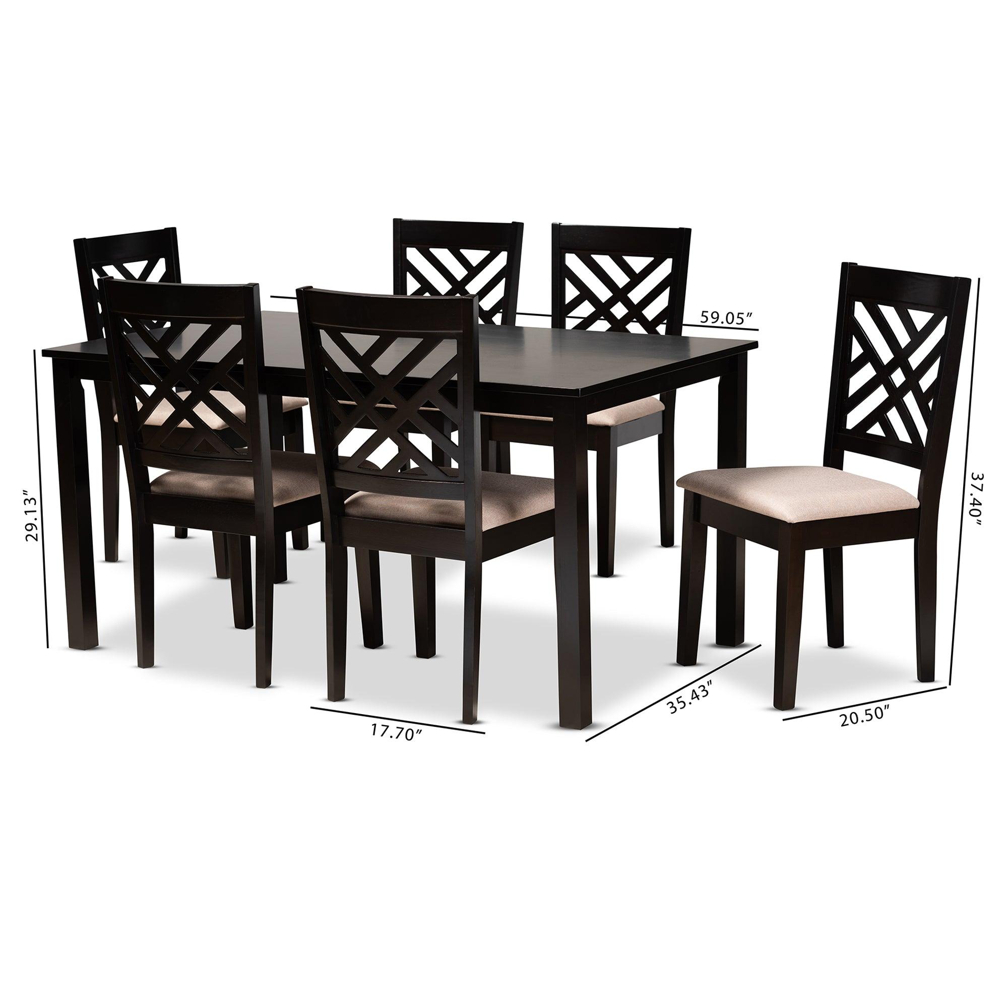 Caron Modern and Contemporary Sand Fabric Upholstered Espresso Finished Wood 7-Piece Dining Set