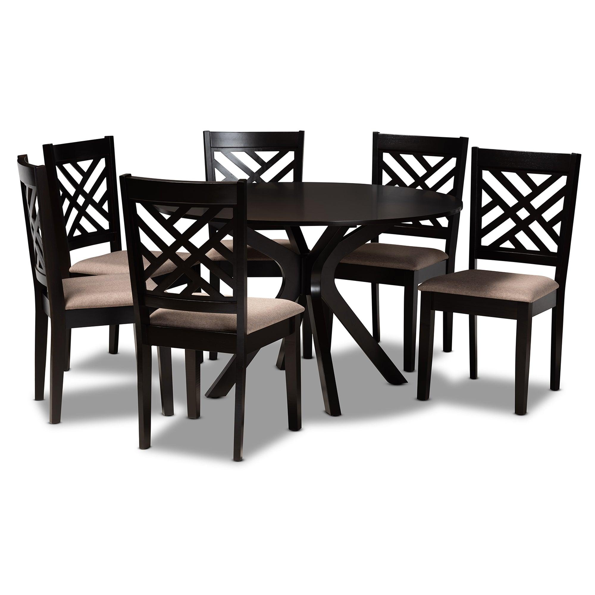 Norah Modern and Contemporary Sand Fabric Upholstered and Finished Wood 7-Piece Dining Set
