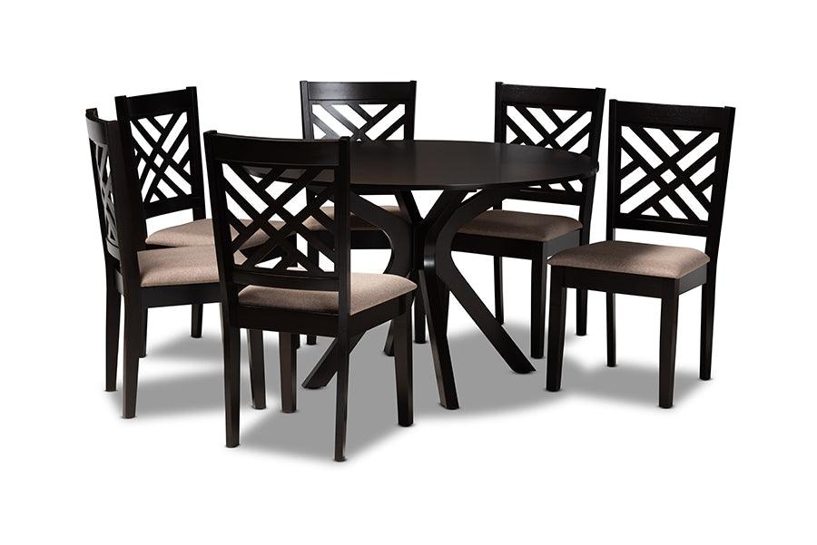 Norah Modern and Contemporary Sand Fabric Upholstered and Finished Wood 7-Piece Dining Set