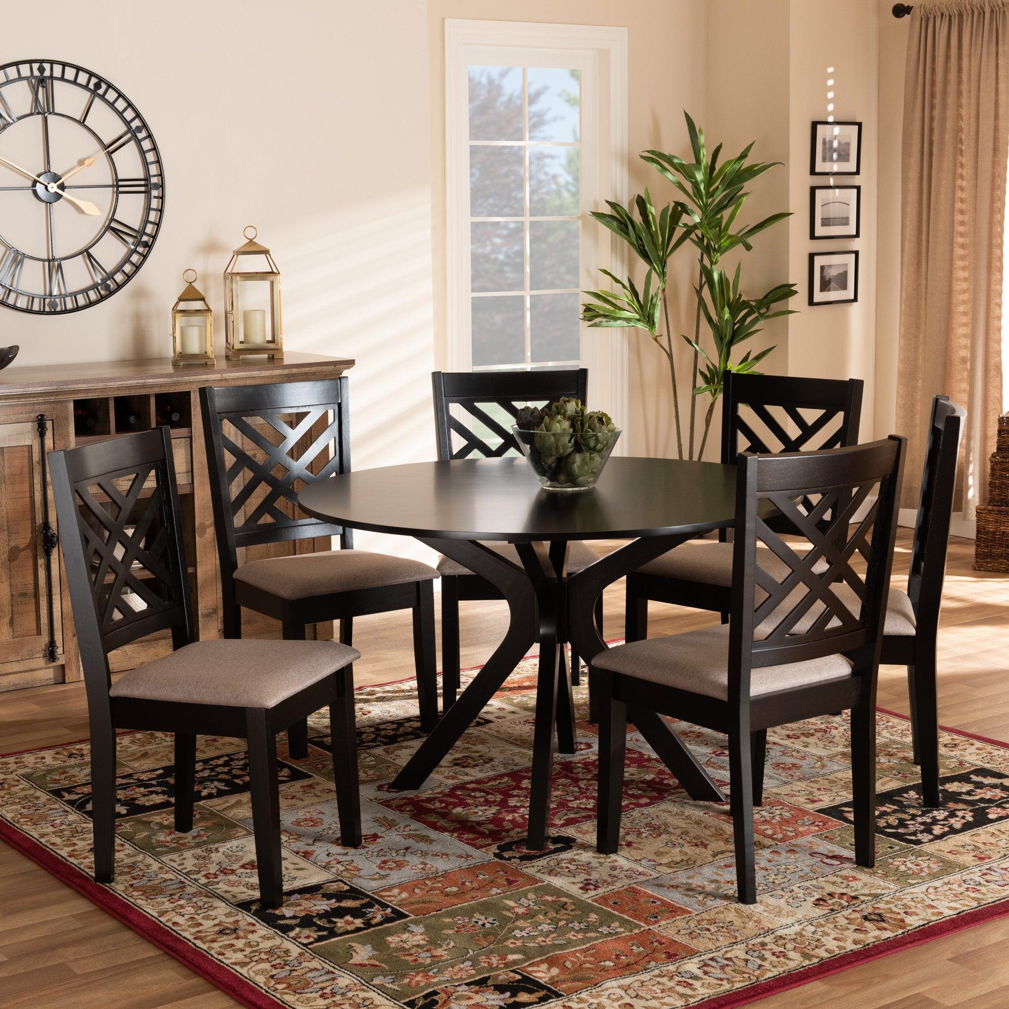 Norah Modern and Contemporary Sand Fabric Upholstered and Finished Wood 7-Piece Dining Set