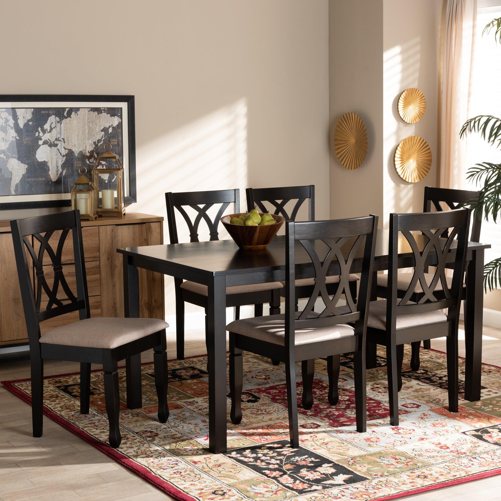 Reneau Modern and Contemporary Sand Fabric Upholstered Espresso Finished Wood 7-Piece Dining Set