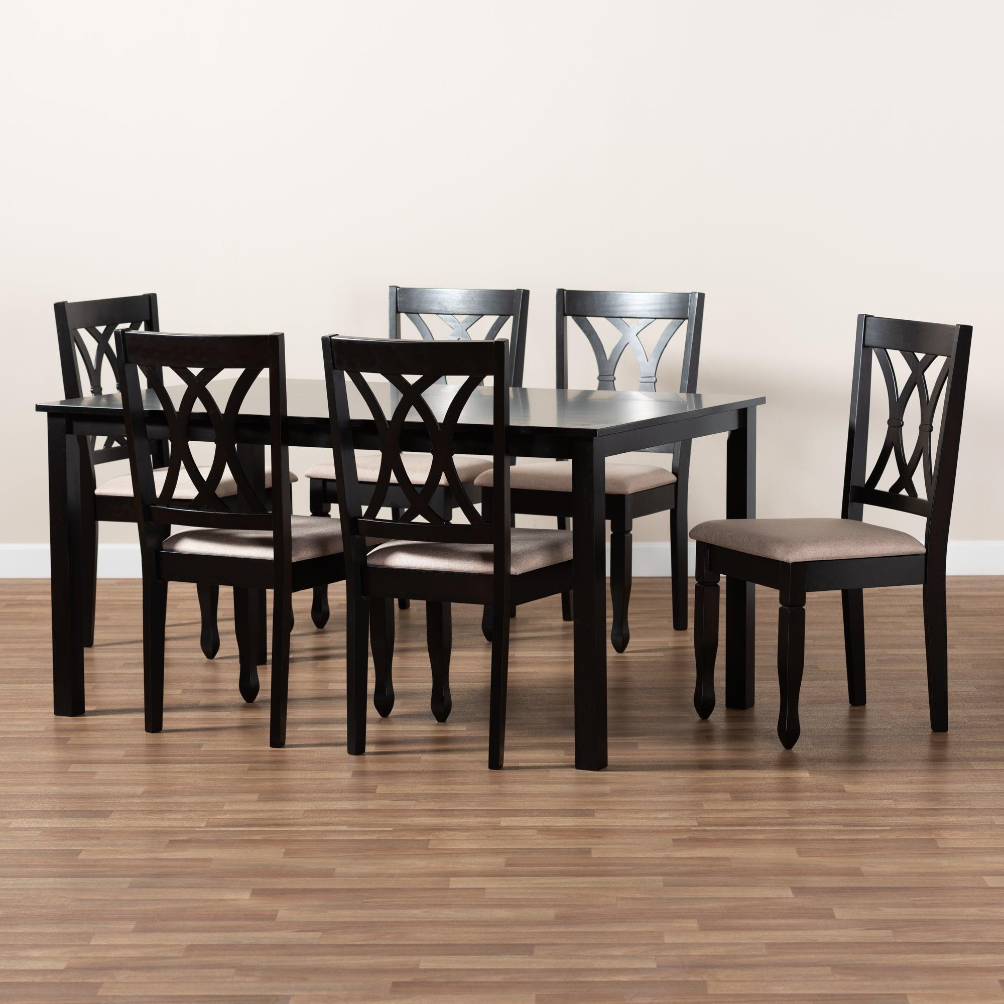 Reneau Modern and Contemporary Sand Fabric Upholstered Espresso Finished Wood 7-Piece Dining Set