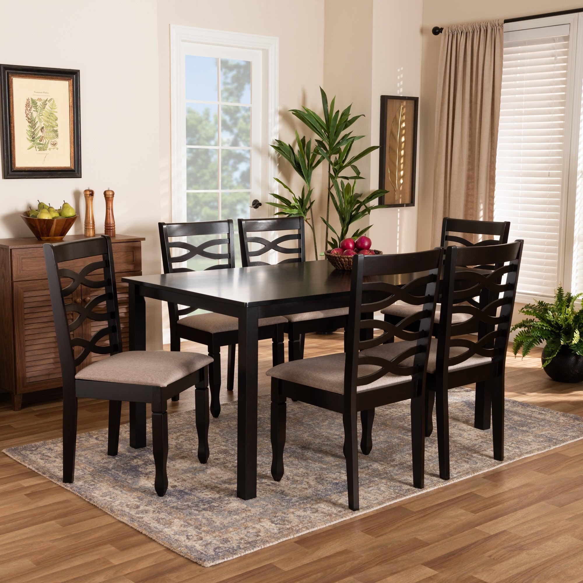 Lanier Modern and Contemporary Sand Fabric Upholstered Finished Wood 7-Piece Dining Set