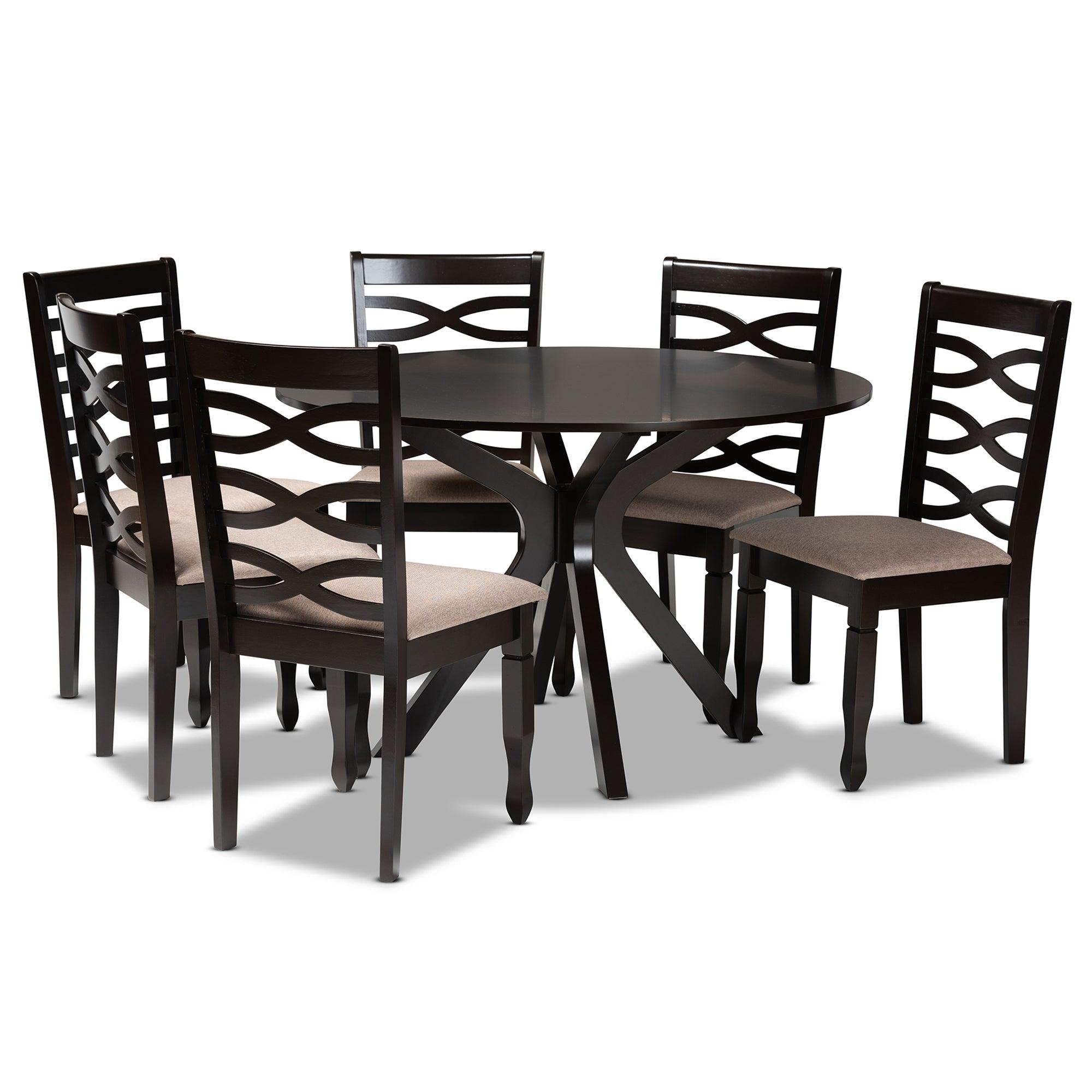 Mila Modern and Contemporary Sand Fabric Upholstered Finished Wood 7-Piece Dining Set