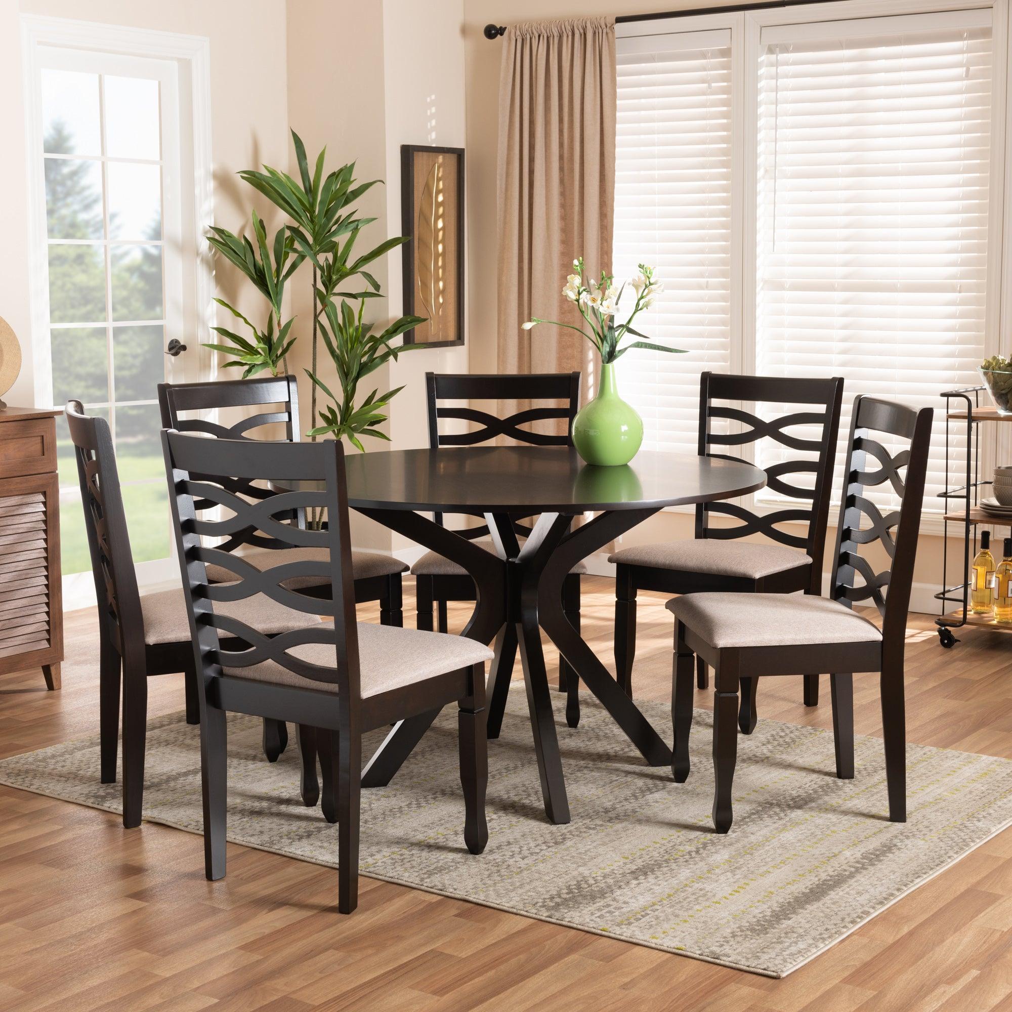 Mila Modern and Contemporary Sand Fabric Upholstered Finished Wood 7-Piece Dining Set
