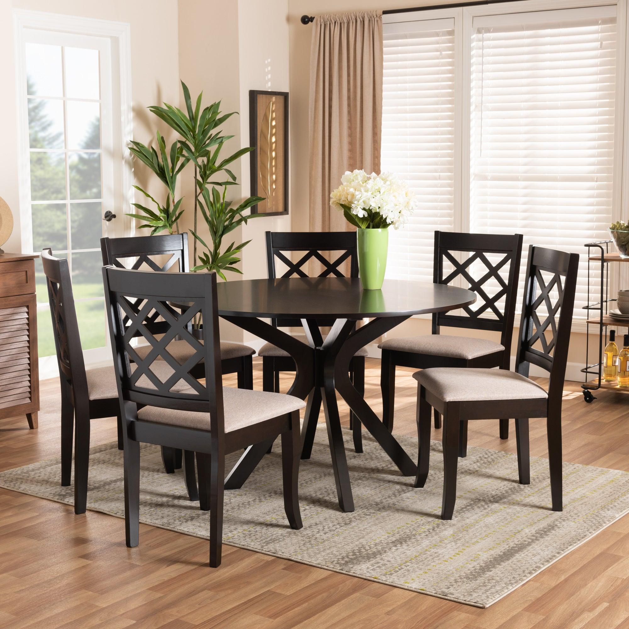 Jana Modern and Contemporary Sand Fabric Upholstered and Finished Wood 7-Piece Dining Set