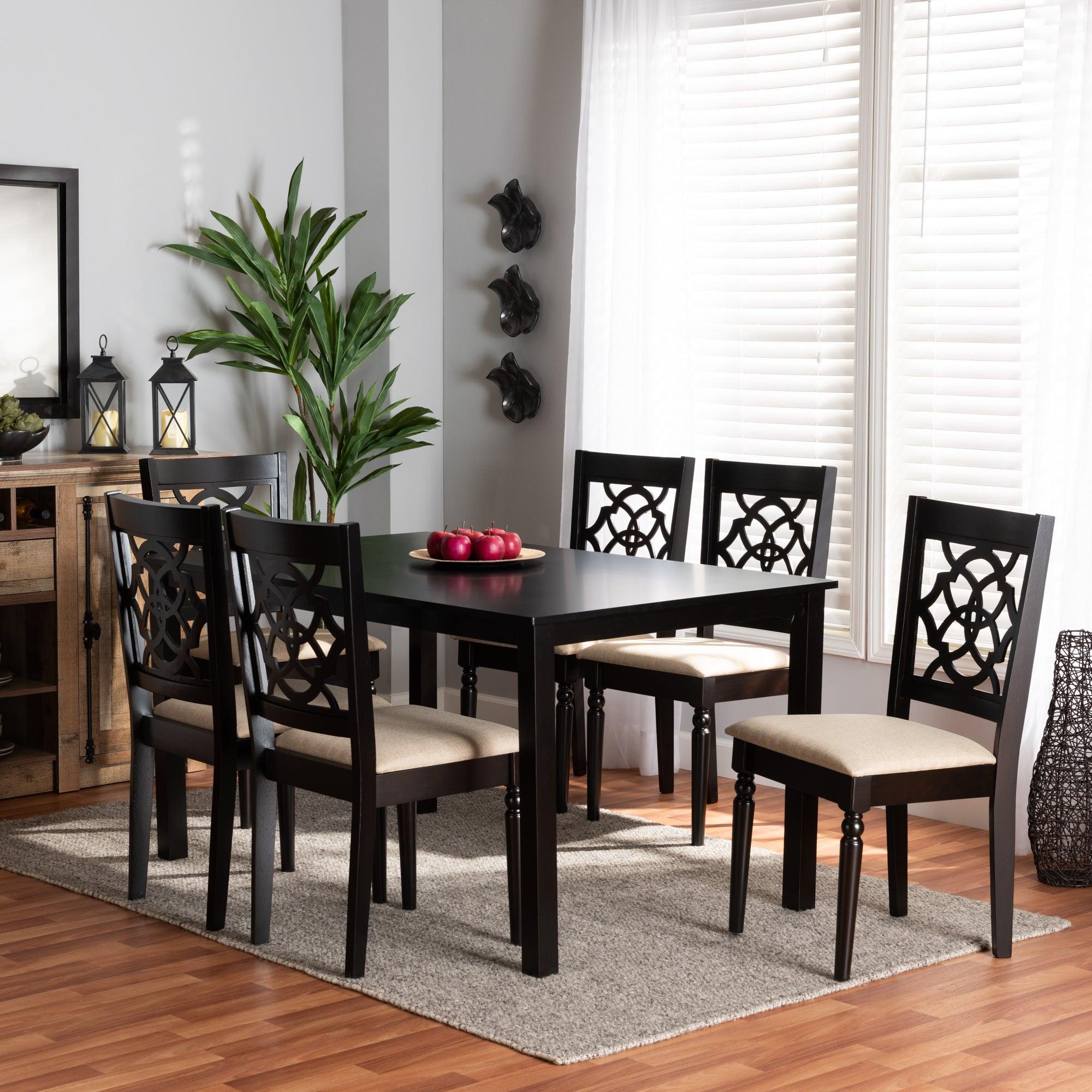 Renaud Modern and Contemporary Sand Fabric Upholstered and Finished Wood 7-Piece Dining Set