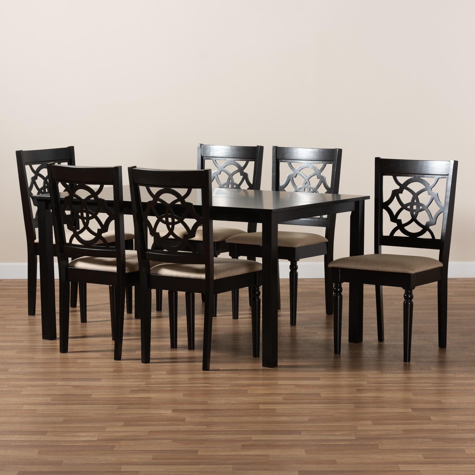 Renaud Modern and Contemporary Sand Fabric Upholstered and Finished Wood 7-Piece Dining Set