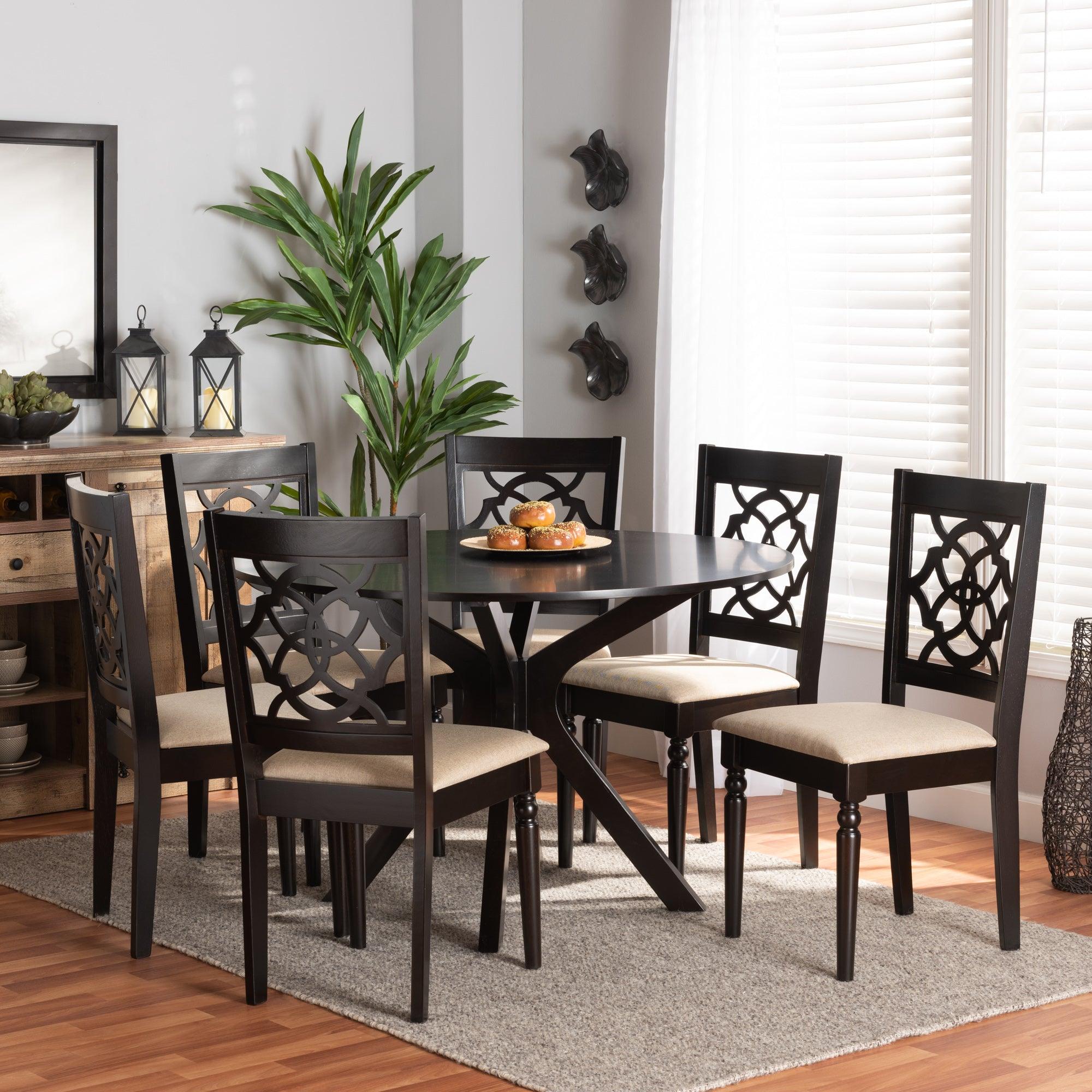 Sadie Modern and Contemporary Sand Fabric Upholstered and Finished Wood 7-Piece Dining Set
