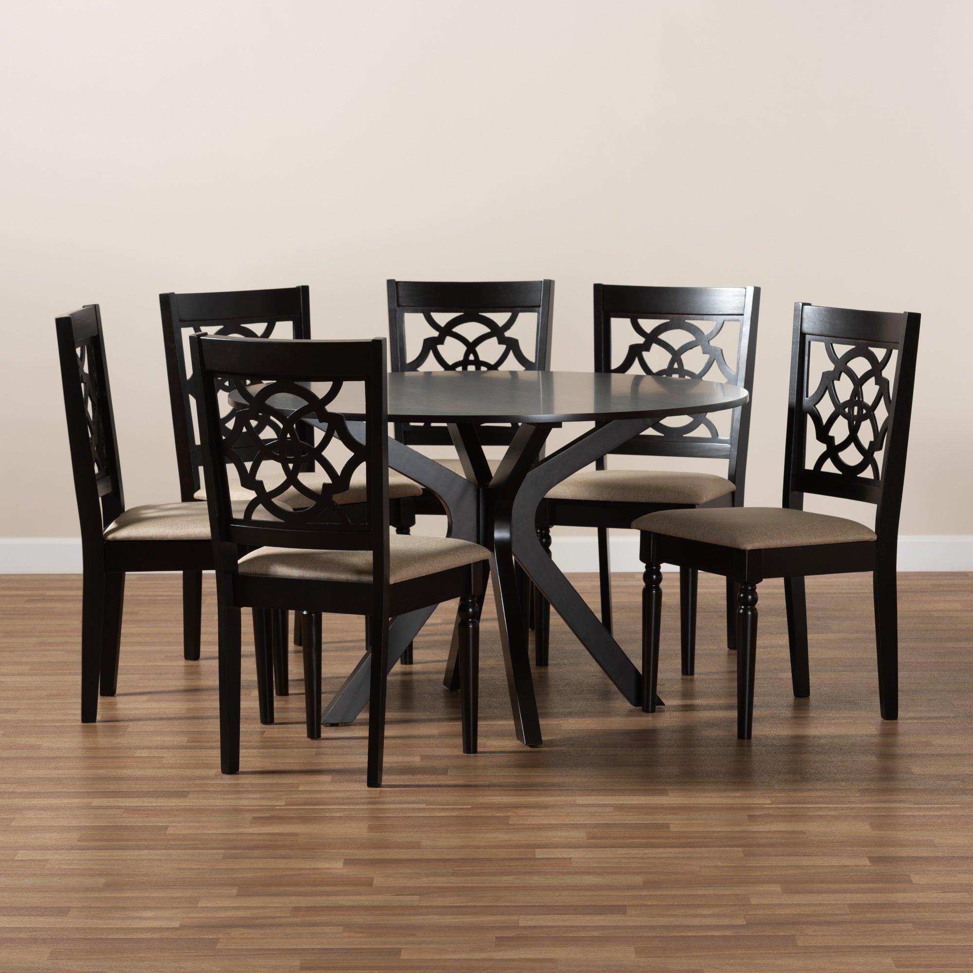 Sadie Modern and Contemporary Sand Fabric Upholstered and Finished Wood 7-Piece Dining Set
