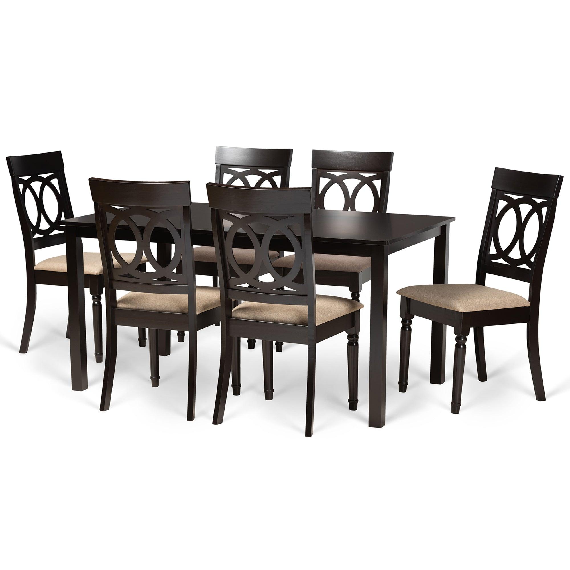 Lucie Modern and Contemporary Sand Fabric Upholstered and Finished Wood 7-Piece Dining Set