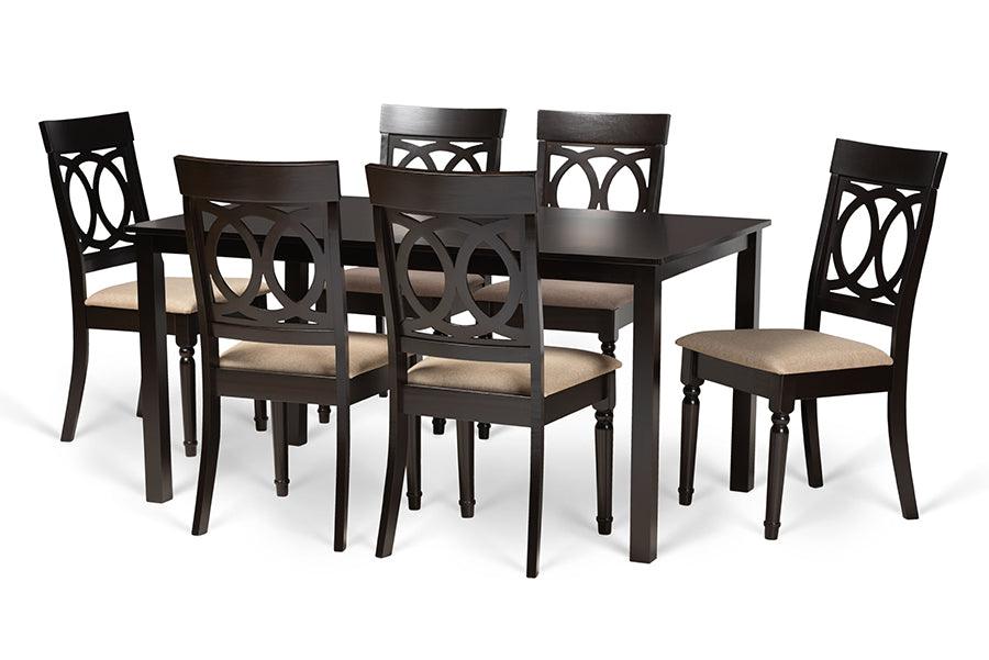 Lucie Modern and Contemporary Sand Fabric Upholstered and Finished Wood 7-Piece Dining Set