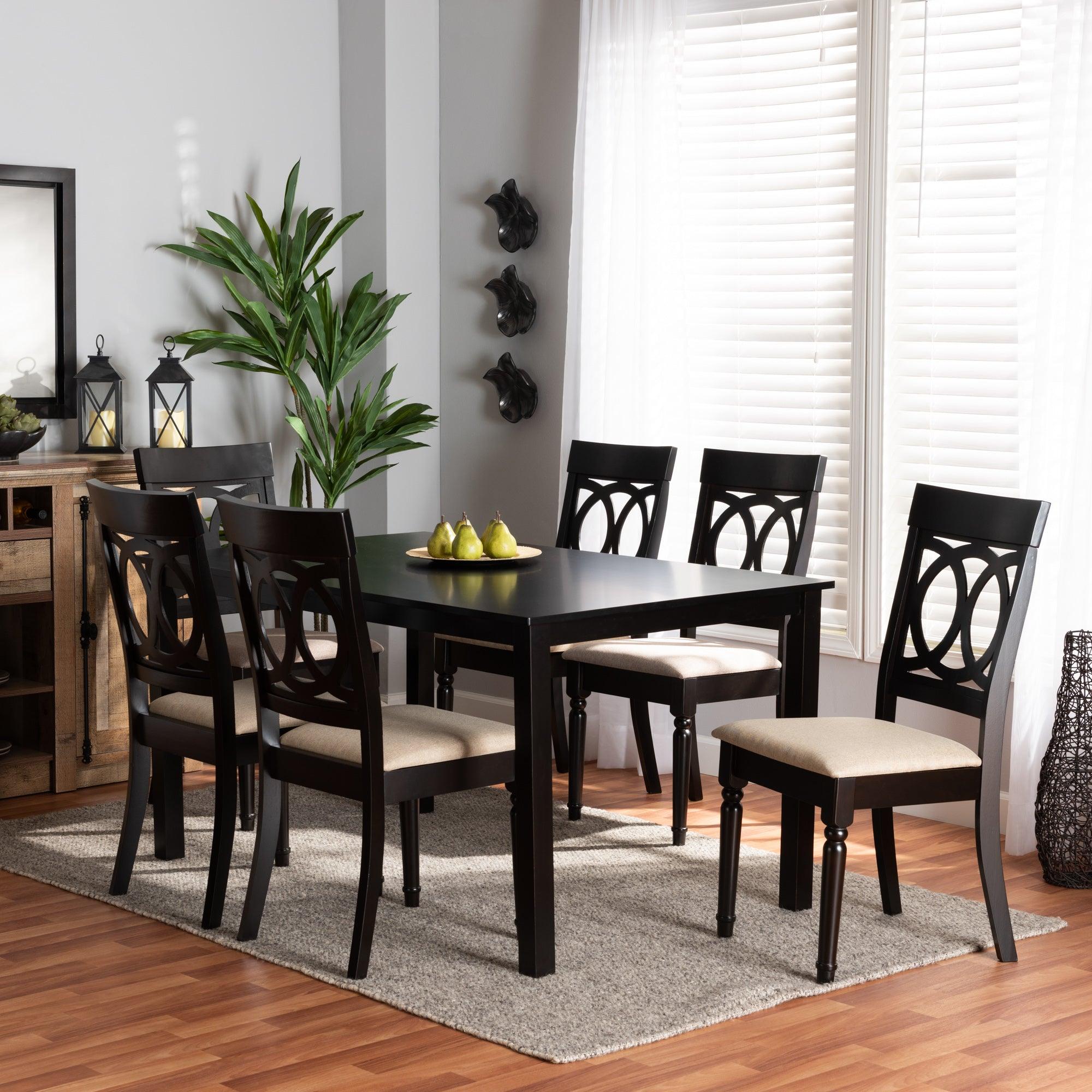 Lucie Modern and Contemporary Sand Fabric Upholstered and Finished Wood 7-Piece Dining Set